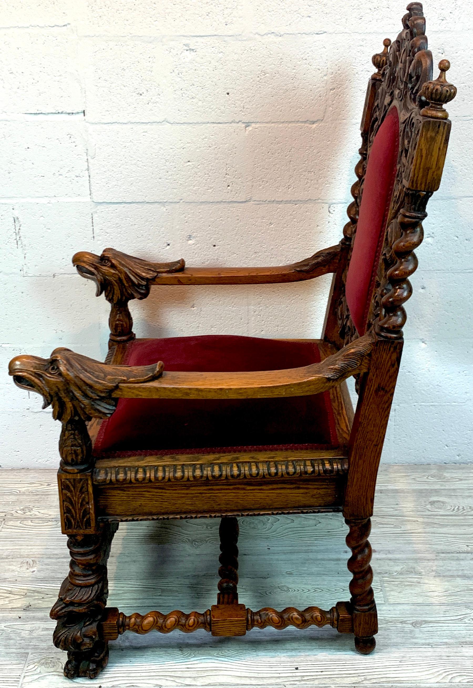 Signed American Carved Oak Eagle Motif Throne Chair 3