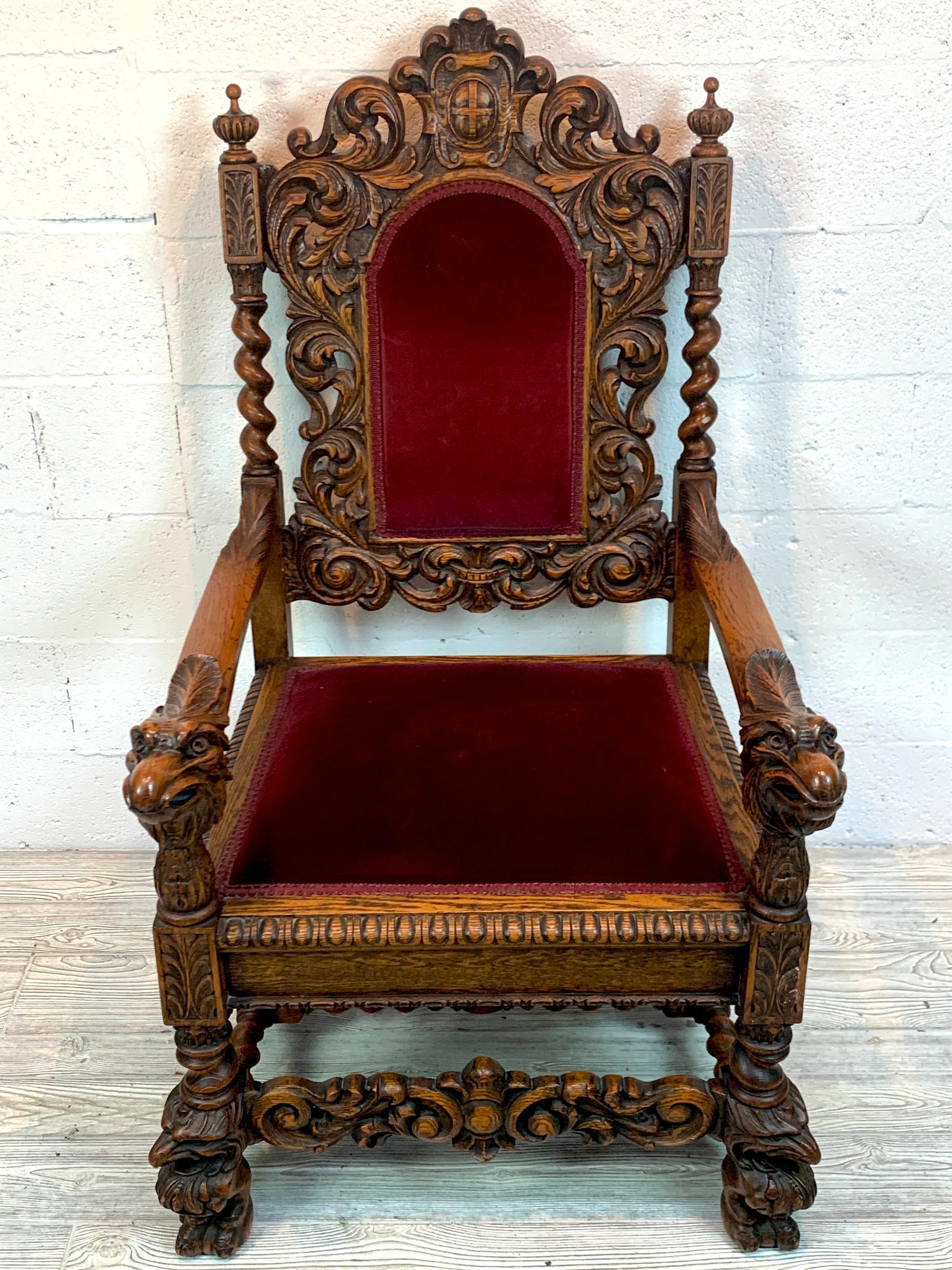Signed American carved oak eagle motif throne chair, with barley twist and medallion carved backrest. Each armrest has carved 11