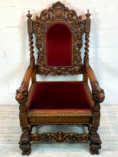Signed American Carved Oak Eagle Motif Throne Chair