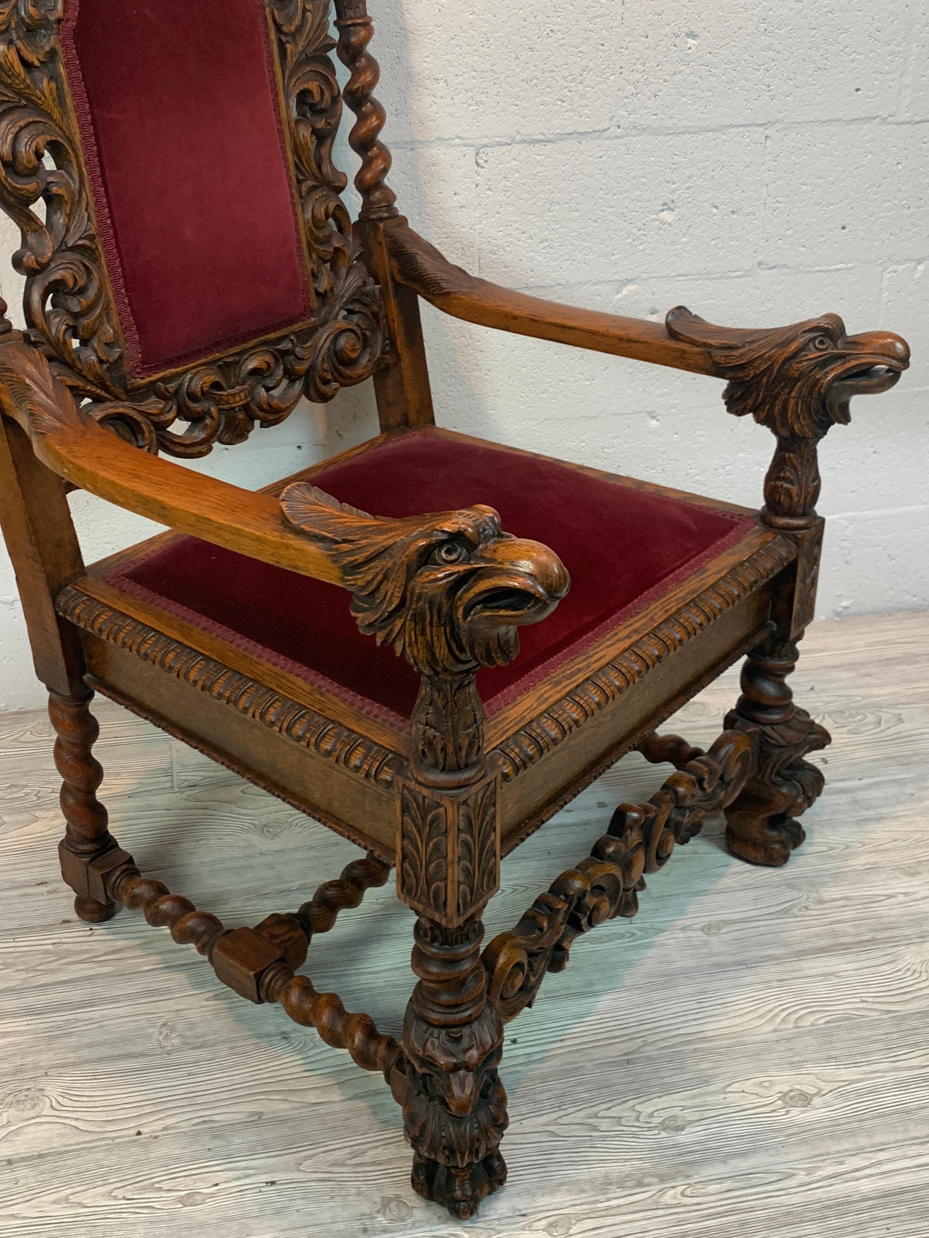 Hand-Carved Signed American Carved Oak Eagle Motif Throne Chair
