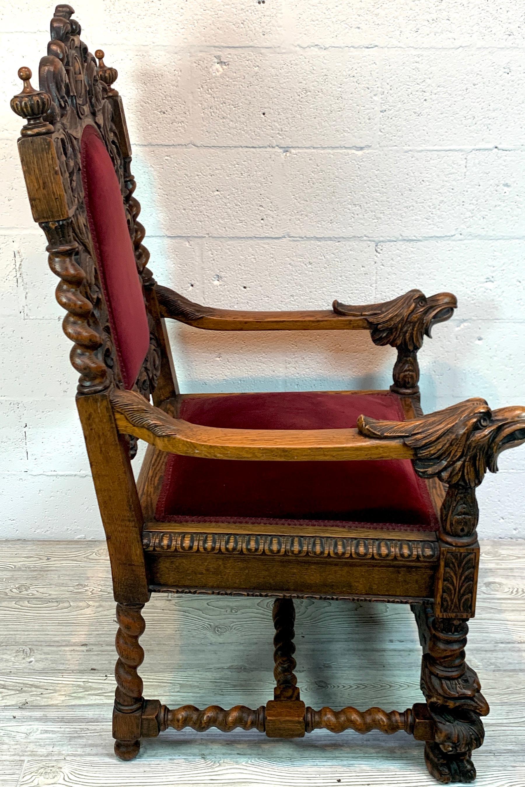 19th Century Signed American Carved Oak Eagle Motif Throne Chair