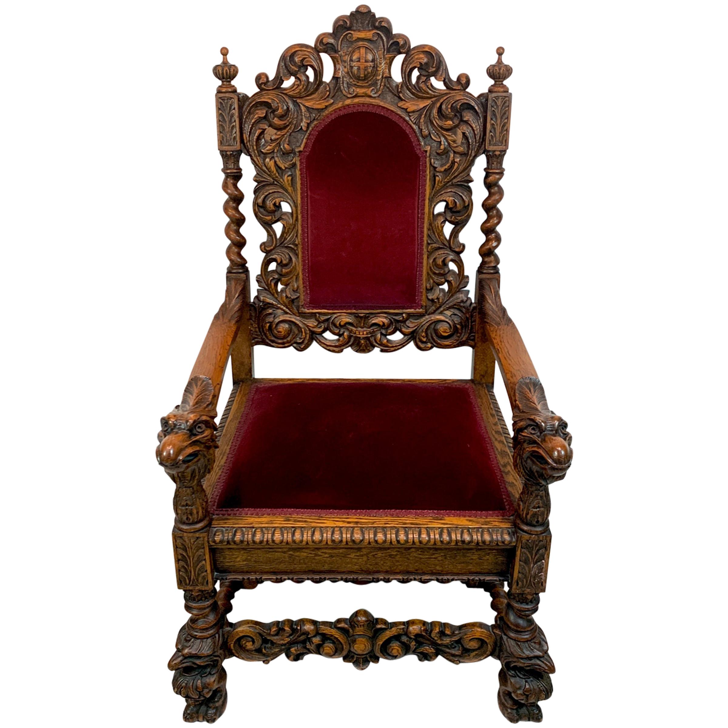 Signed American Carved Oak Eagle Motif Throne Chair