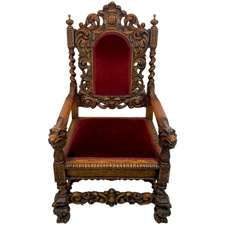 Signed American Carved Oak Eagle Motif Throne Chair For Sale at 1stDibs