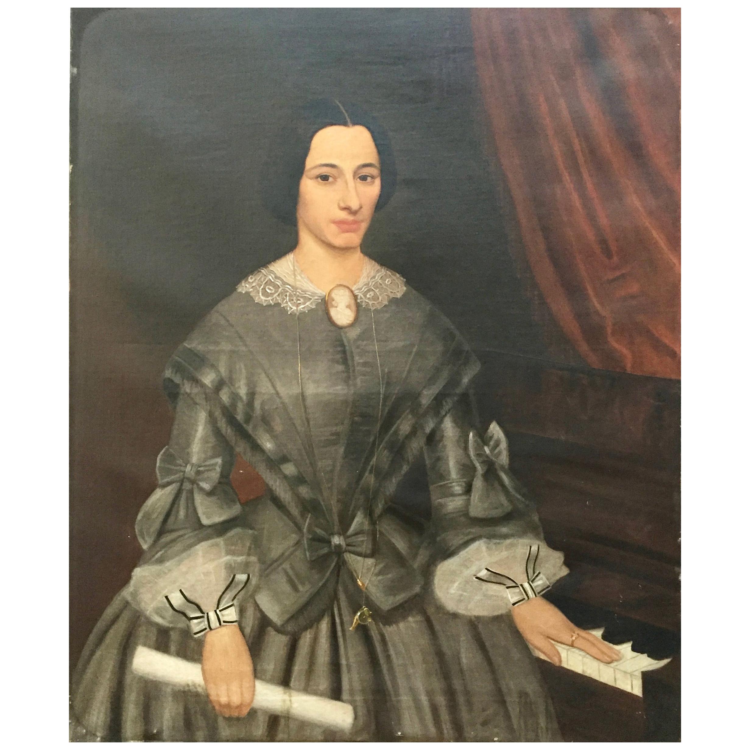 Signed and Dated Large 19th Century Portrait of a Lady with Her Piano