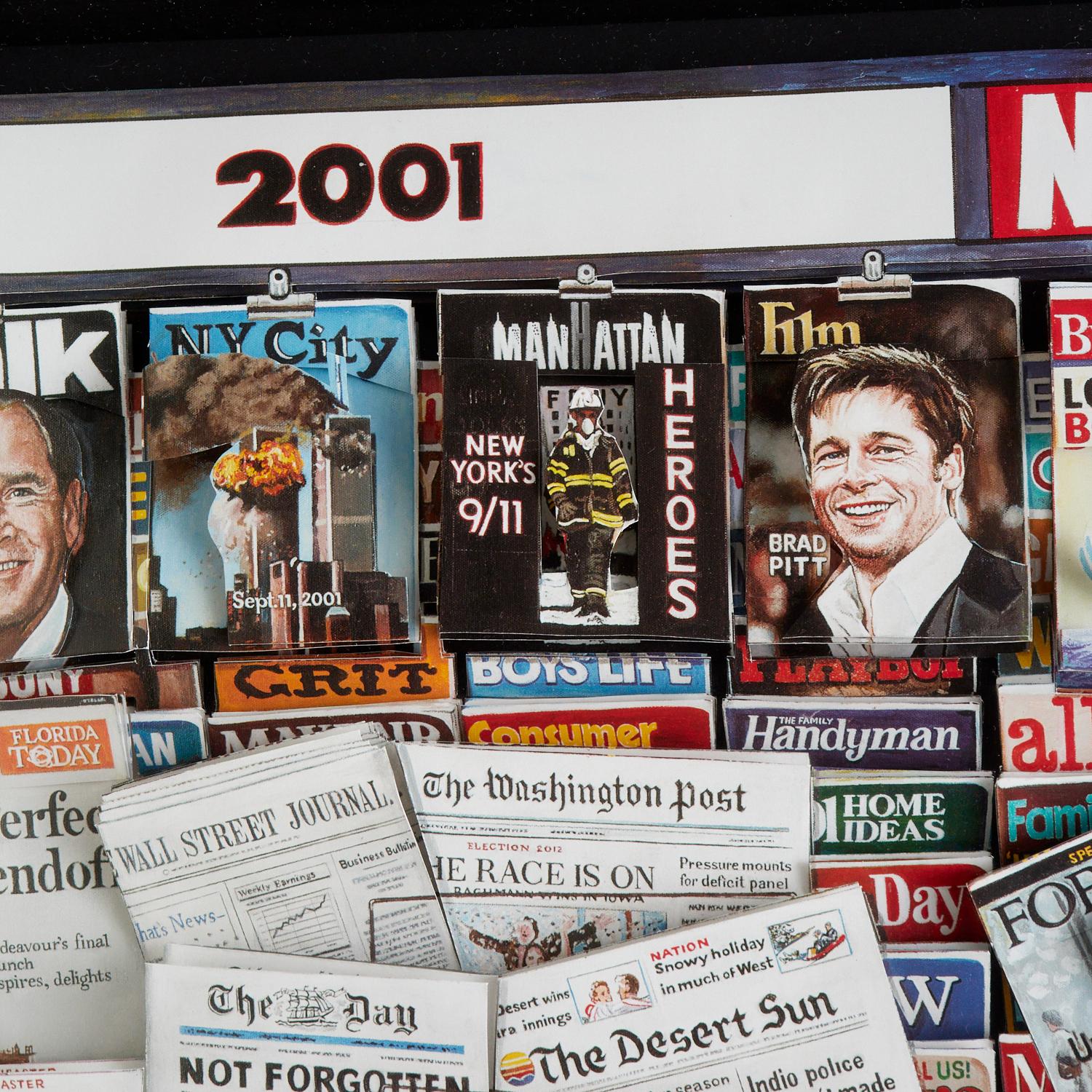 Ken Keeley (American, 1934-2020), mixed media 3-dimensional collage of newspaper and magazine covers of the decade, signed 