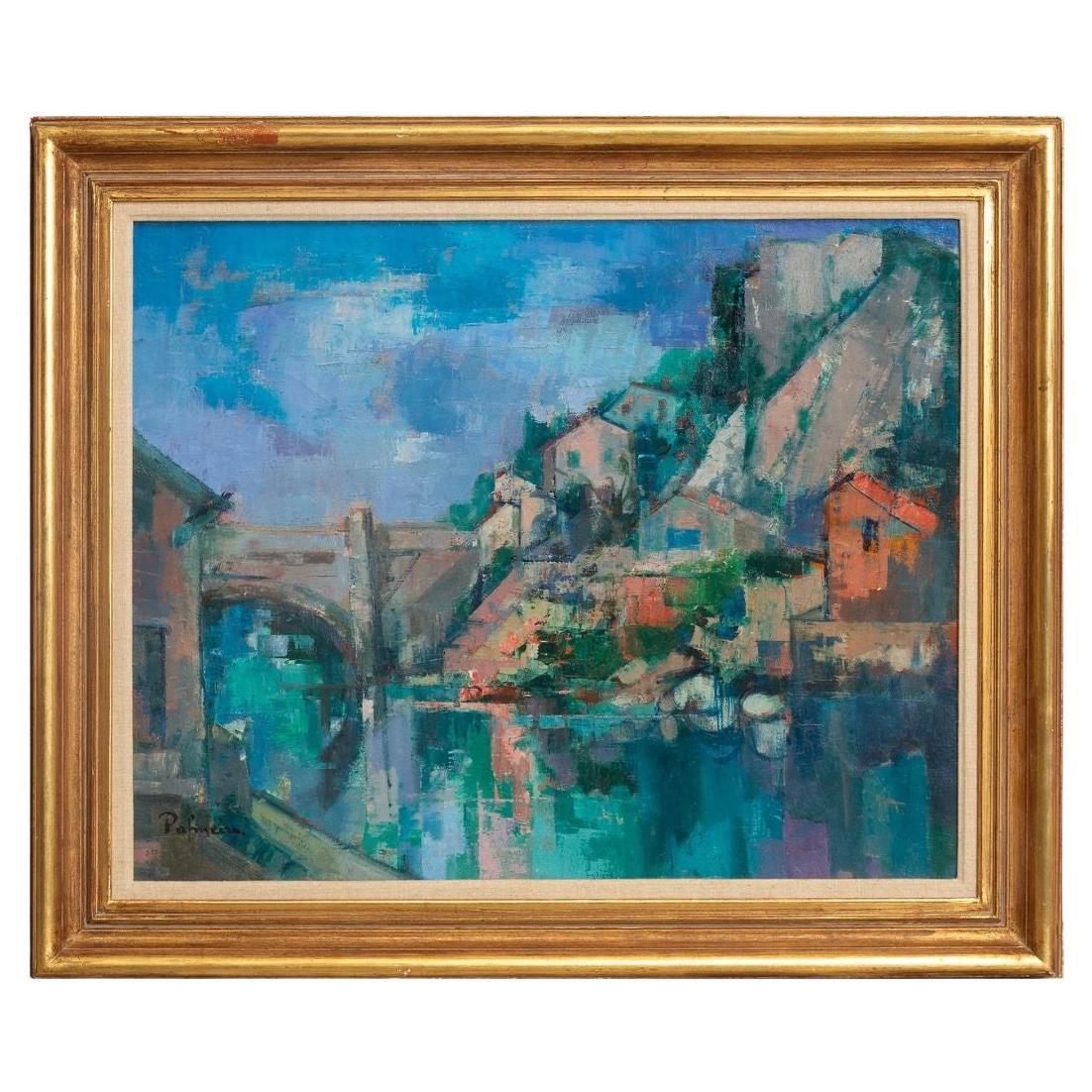 Signed and Framed Oil on Canvas Bridge View en venta