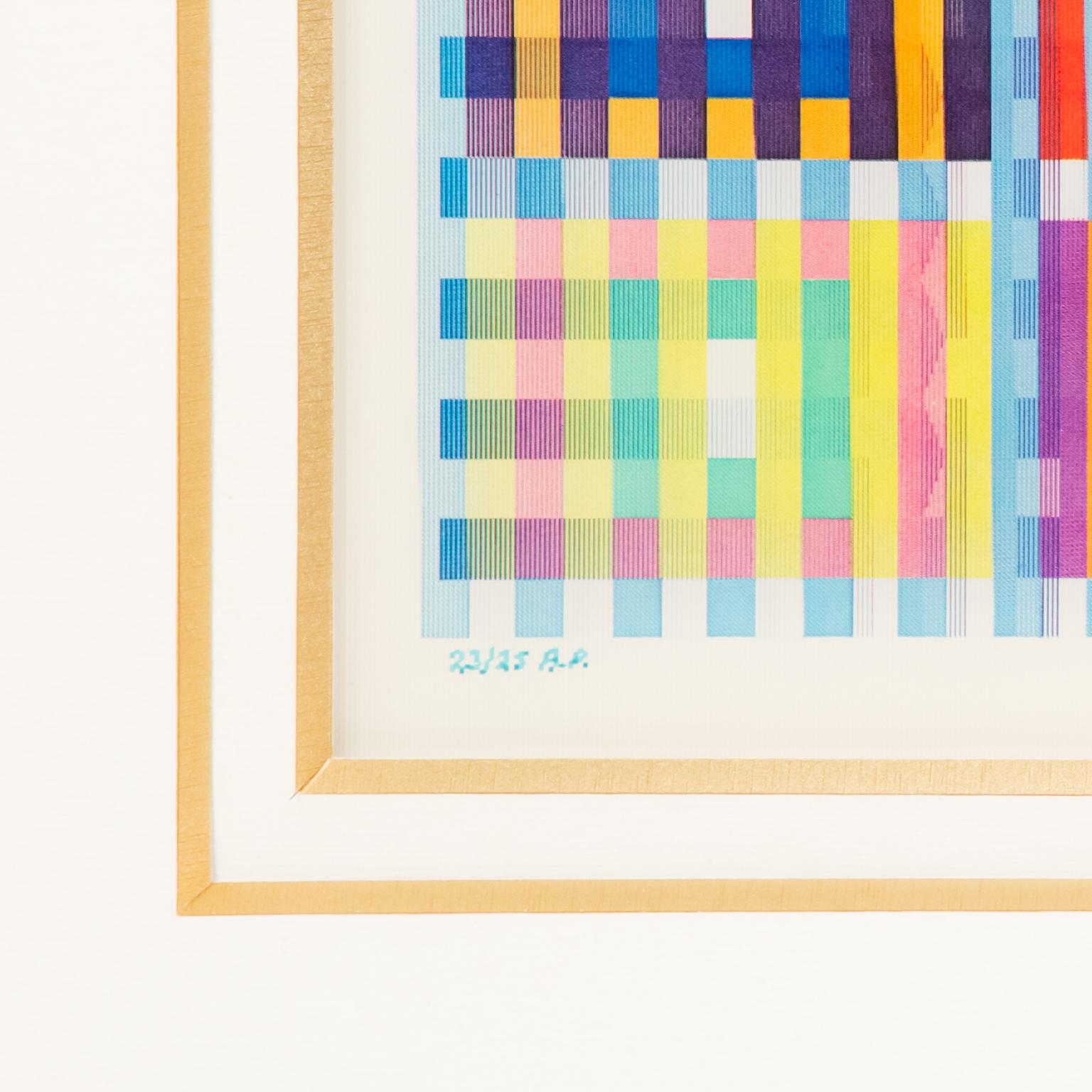 This cool and colorful limited edition Yaacov Agam lenticular is numbered 23/25 AP (Artists proof) and is beautifully framed in its original 