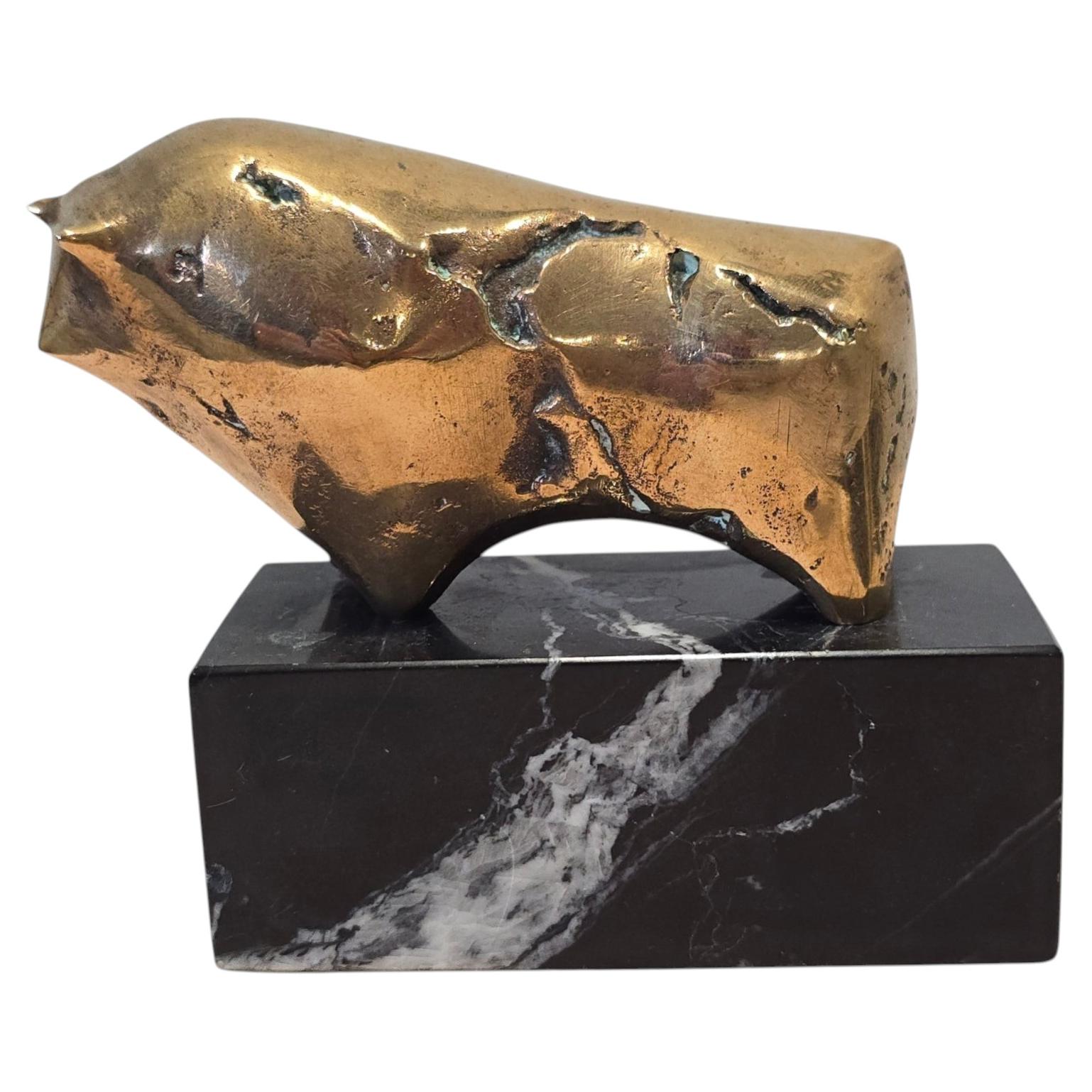 Signed and Numbered Modern Bronze Bull Sculpture on Marble Base