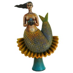 Vintage Signed and Numbered Sergio Bustamante Ceramic Mermaid on Shell