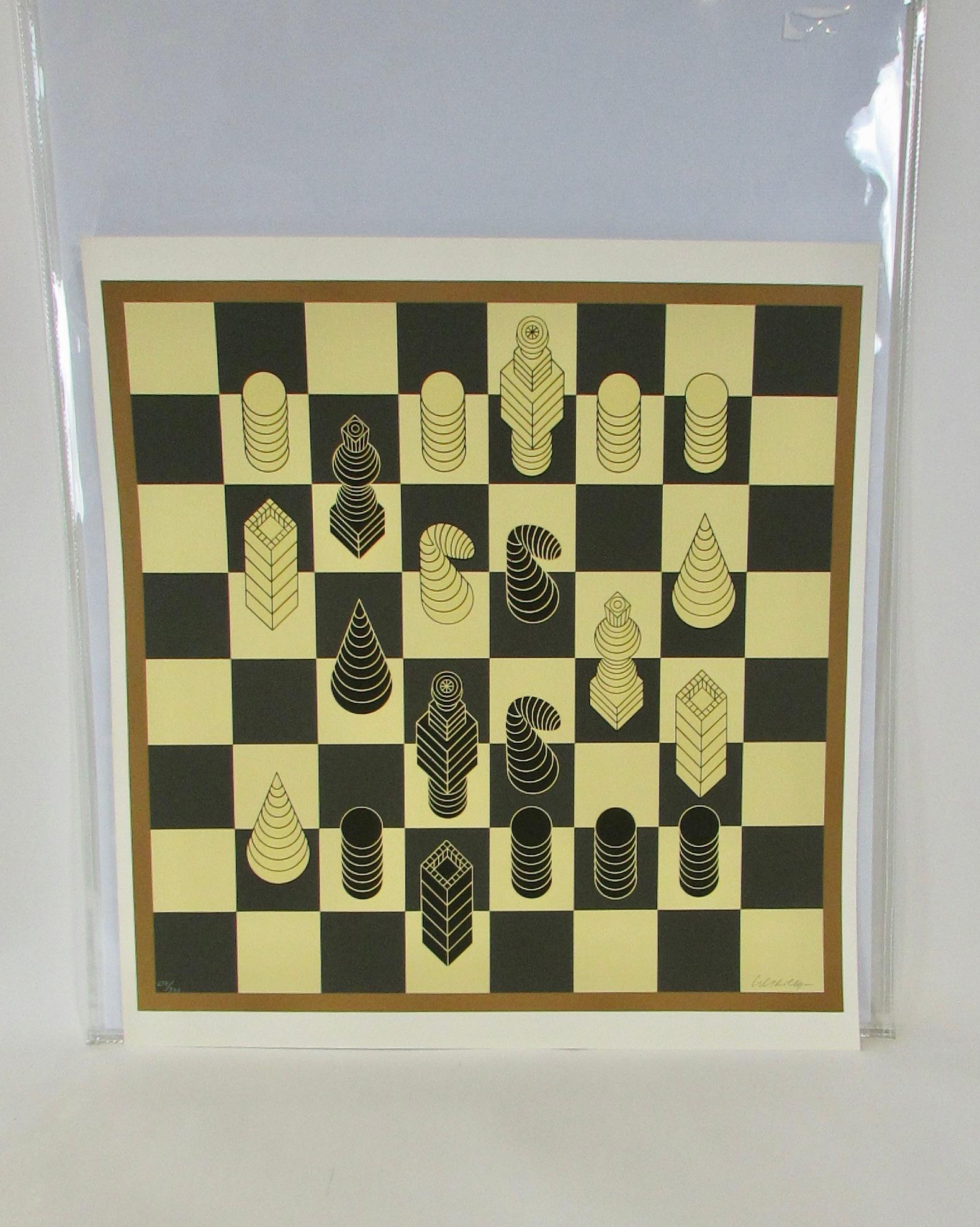 Victor Vasarely (français/hongrois, 1906-1997) Sérigraphie en couleurs sur papier vélin, C. 1975, Chess, H 29'' W 29'' Signée au crayon et numérotée 279/300.  Formes organiques surréalistes sur un échiquier . 
Non encadré. Estampillé au dos Circle