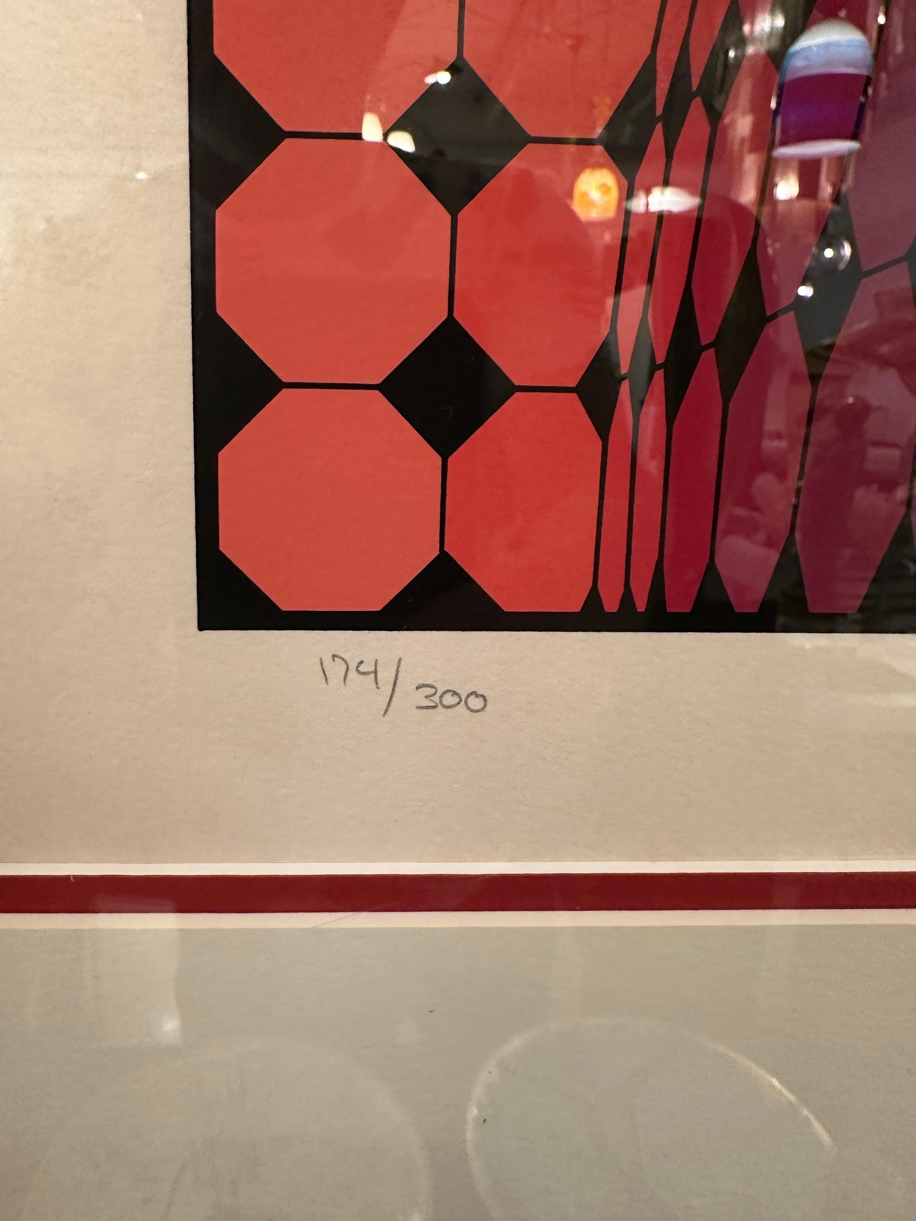 Questa serigrafia vintage incorniciata di Victor Vasarely, Raura VAS 630.  Autentica firmata a mano e numerata a matita da Vasarely.  Dimensioni dell'immagine 30 x 26,5 pollici.  È stato valutato professionalmente nel 1993 da Circle Gallery per