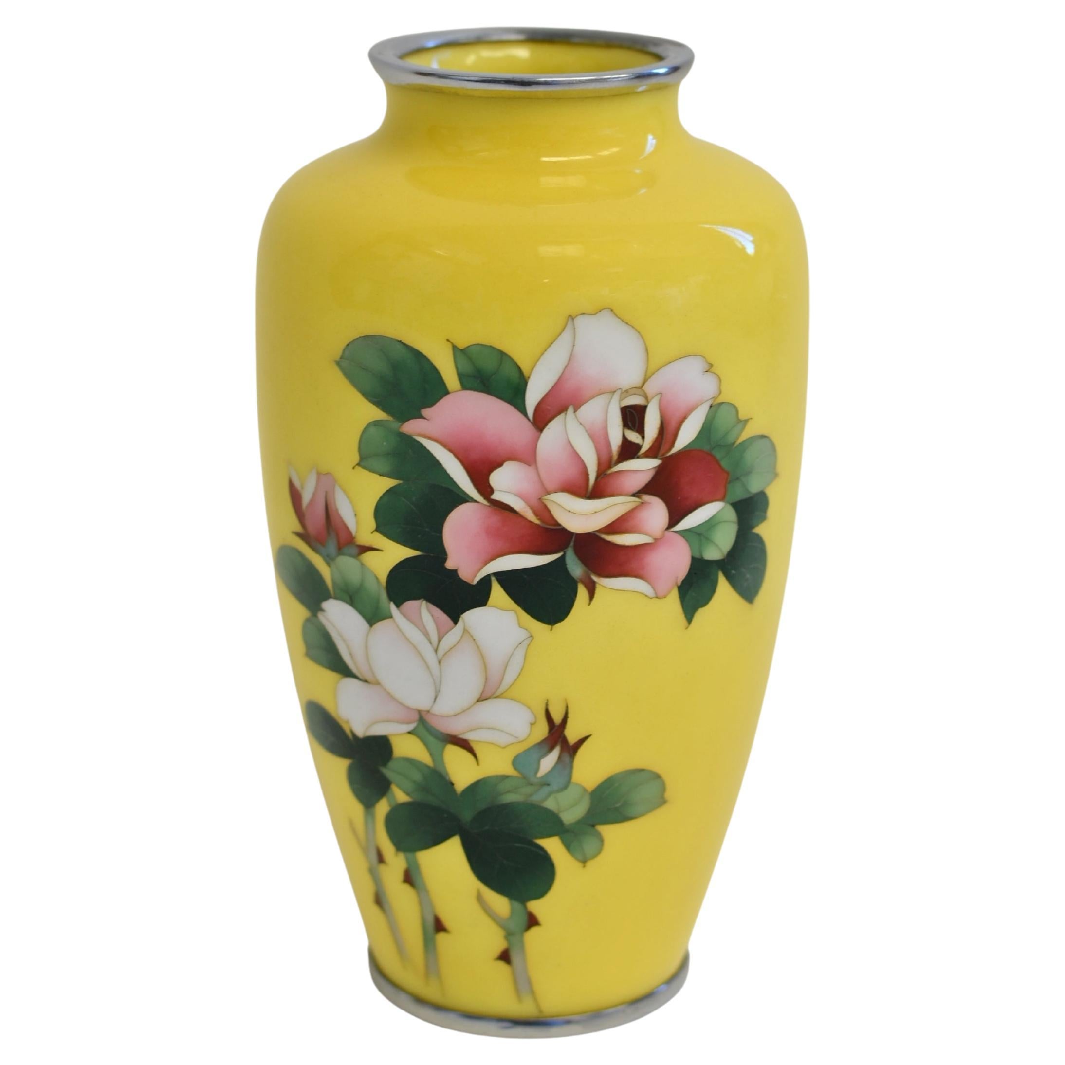 Signed Ando Jubei Japanese Cloisonné Vase Imperial Yellow with Roses