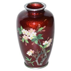 Signed Ando Jubei Ginbari Red Japanese Cloisonne Vase Cherry Blossoms