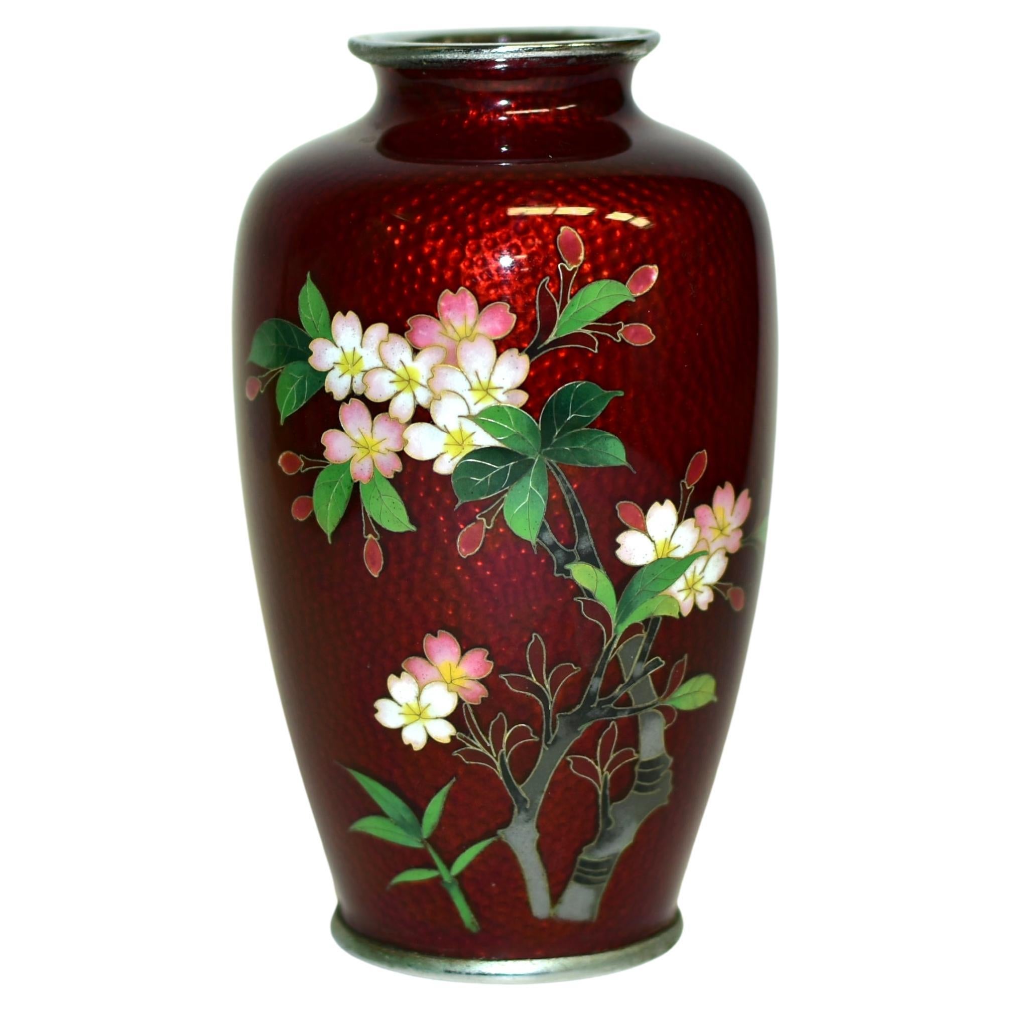 Signed Ando Jubei Ginbari Red Japanese Cloisonne Vase Cherry Blossoms For Sale