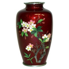 Signed Ando Jubei Ginbari Red Japanese Cloisonne Vase Cherry Blossoms
