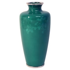Signed Ando Jubei Japanese Green Cloisonné Vase Clematis