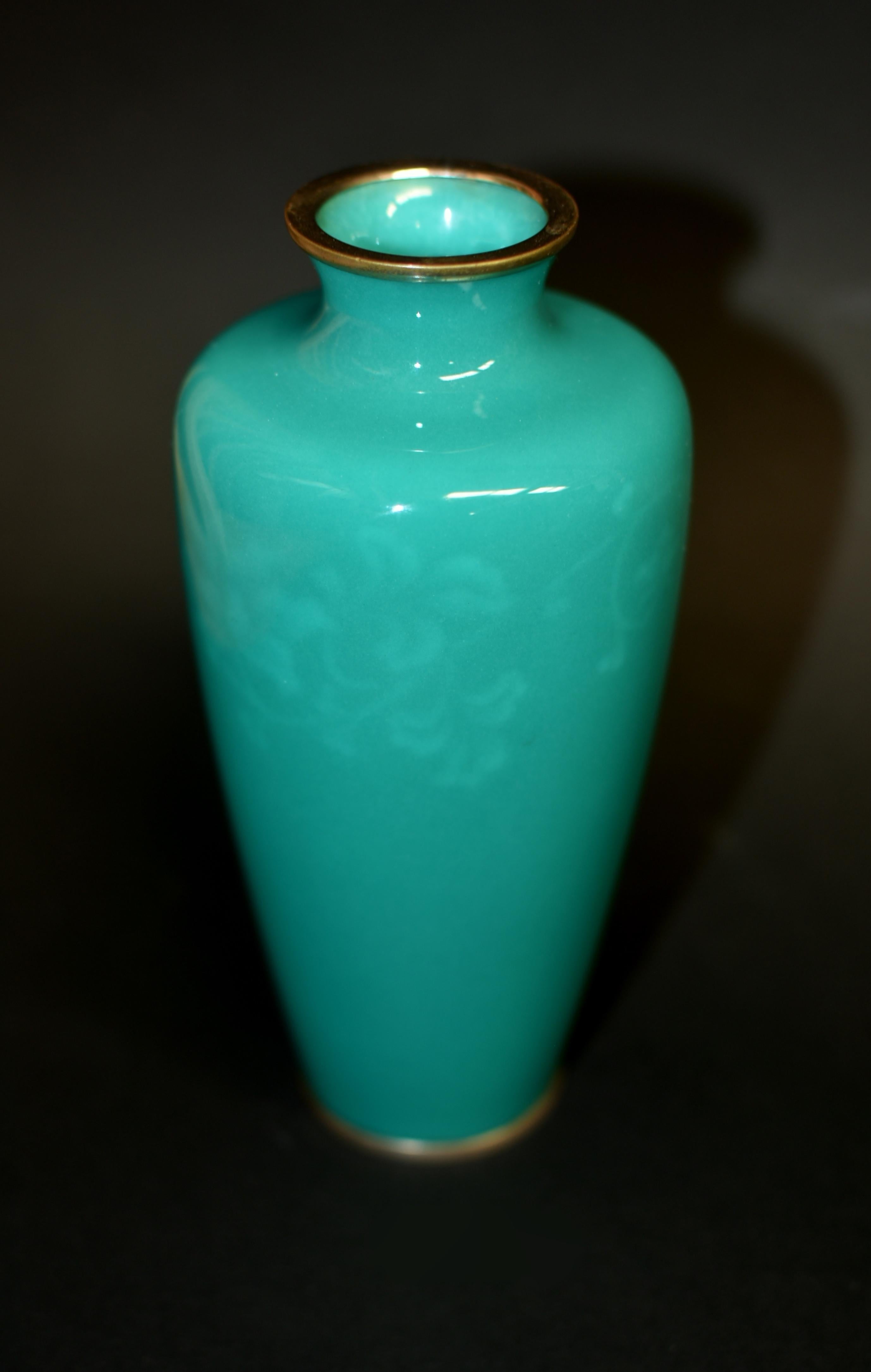 Japanese Signed Ando Jubei Green Cloisonné Vase