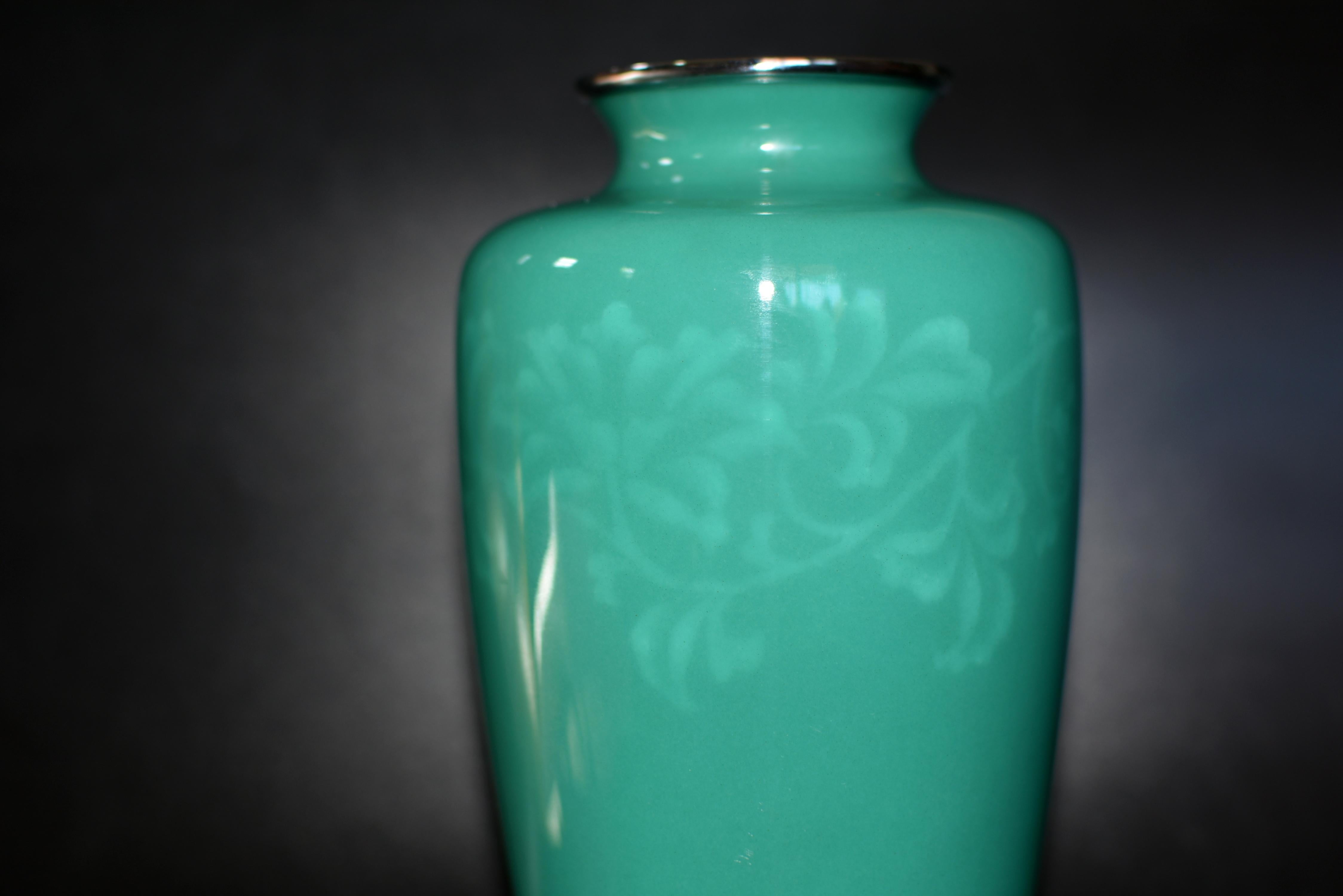 Meiji Signed Ando Jubei Green Wireless Cloisonné Vase Large 10