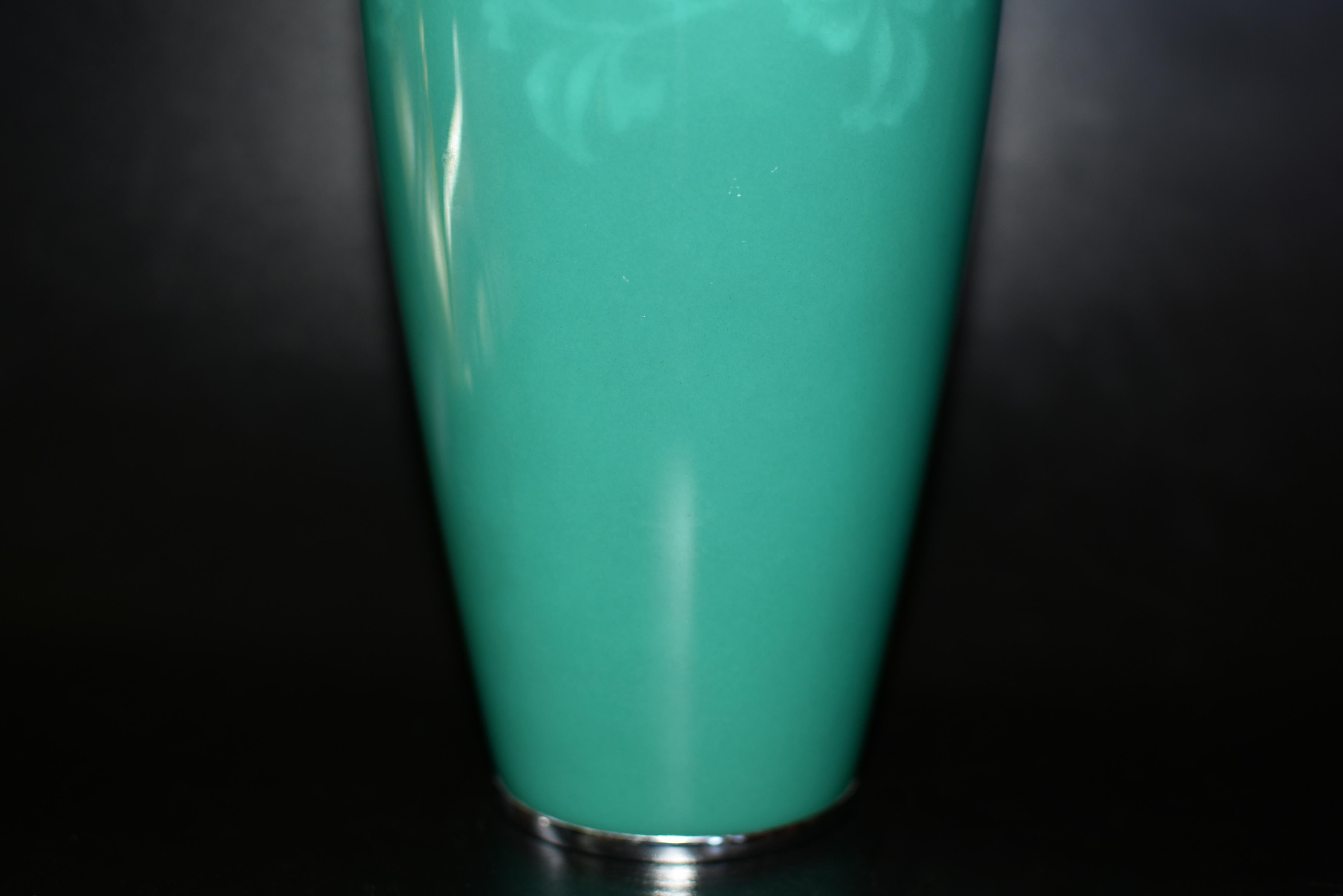 Japanese Signed Ando Jubei Green Wireless Cloisonné Vase Large 10