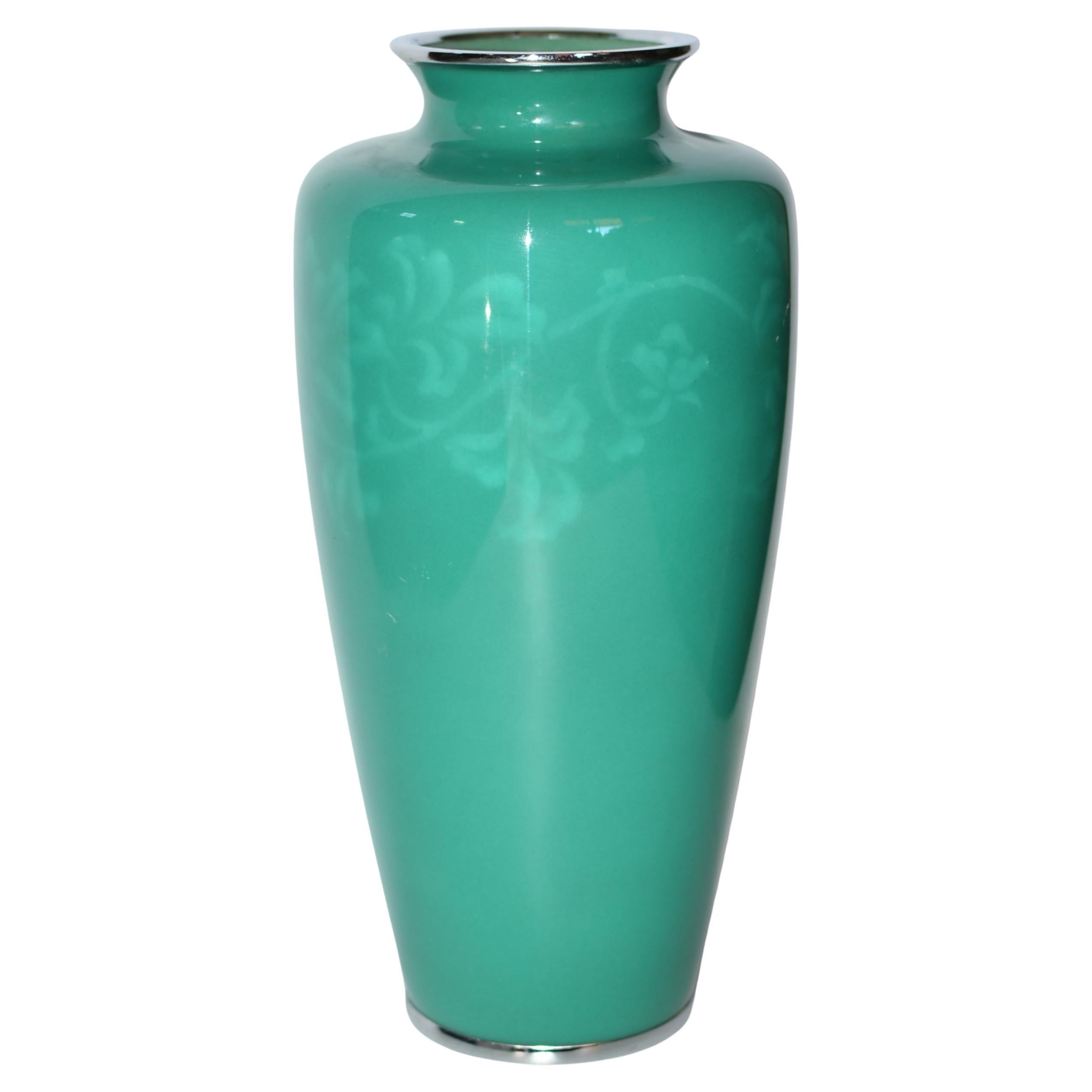 Signed Ando Jubei Green Wireless Cloisonné Vase Large 10"