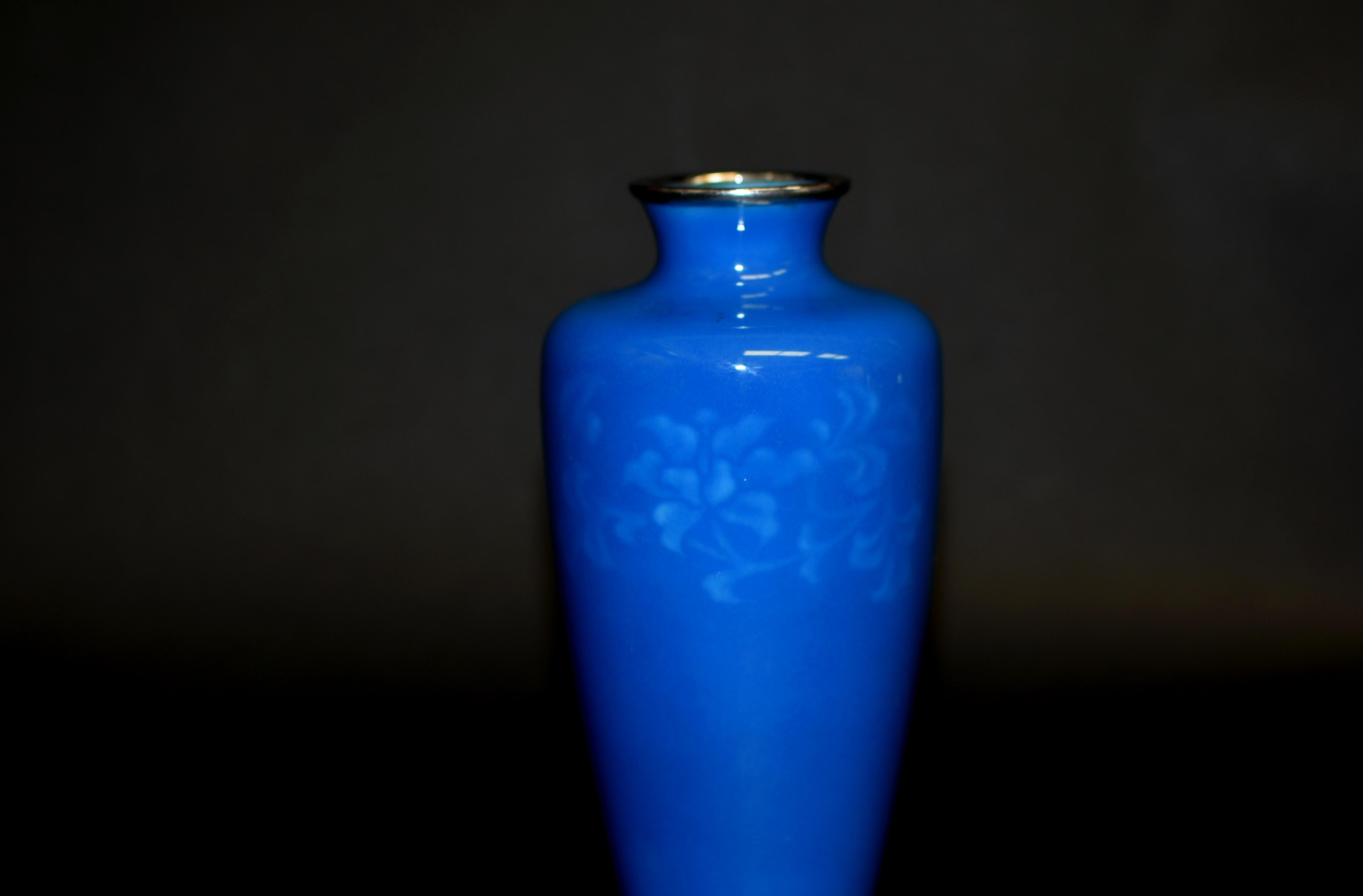 Signed Ando Jubei Japanese Cloisonné Vase Clematis Peacock Blue 7