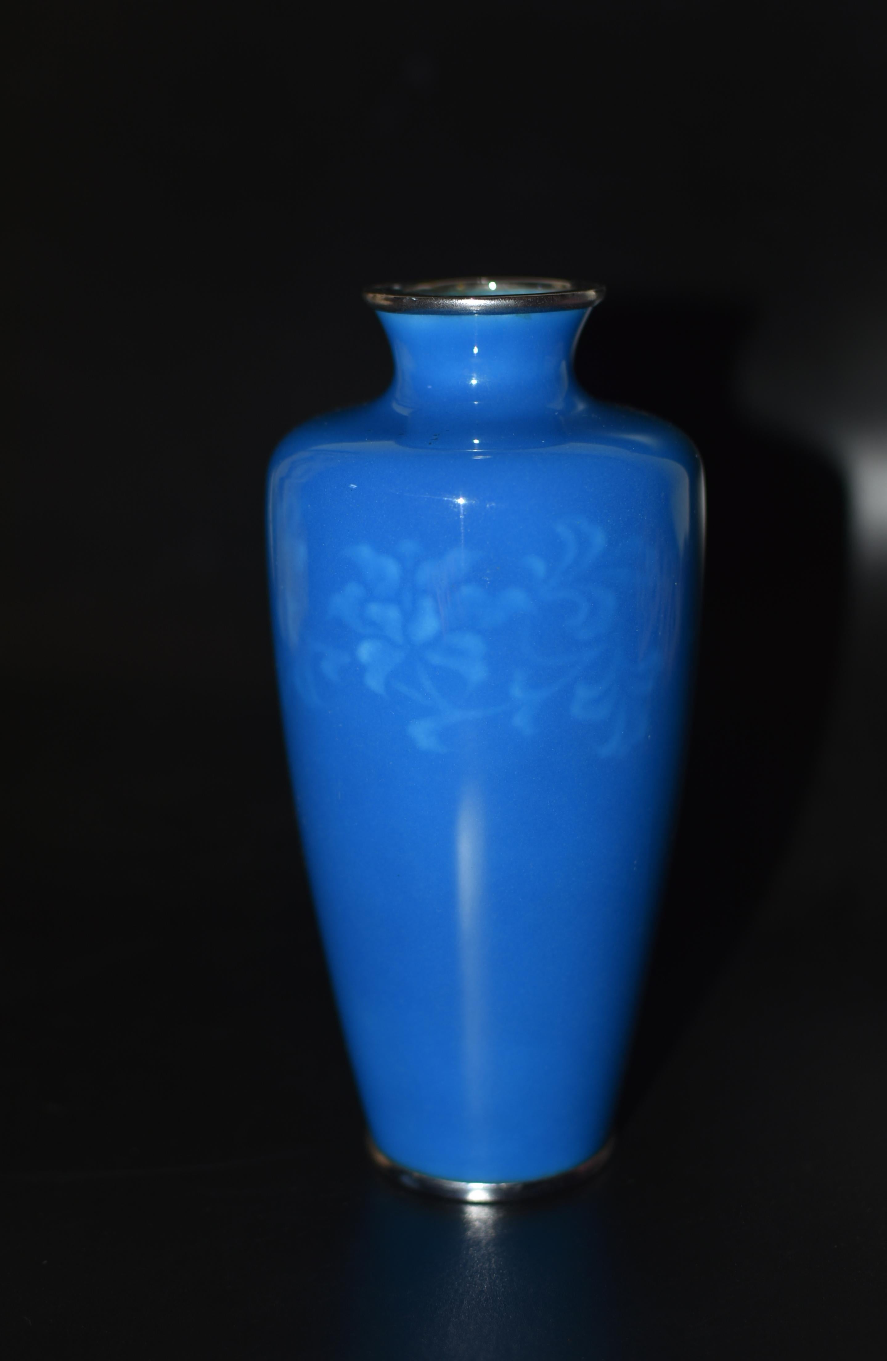 Signed Ando Jubei Japanese Cloisonné Vase Clematis Peacock Blue 1