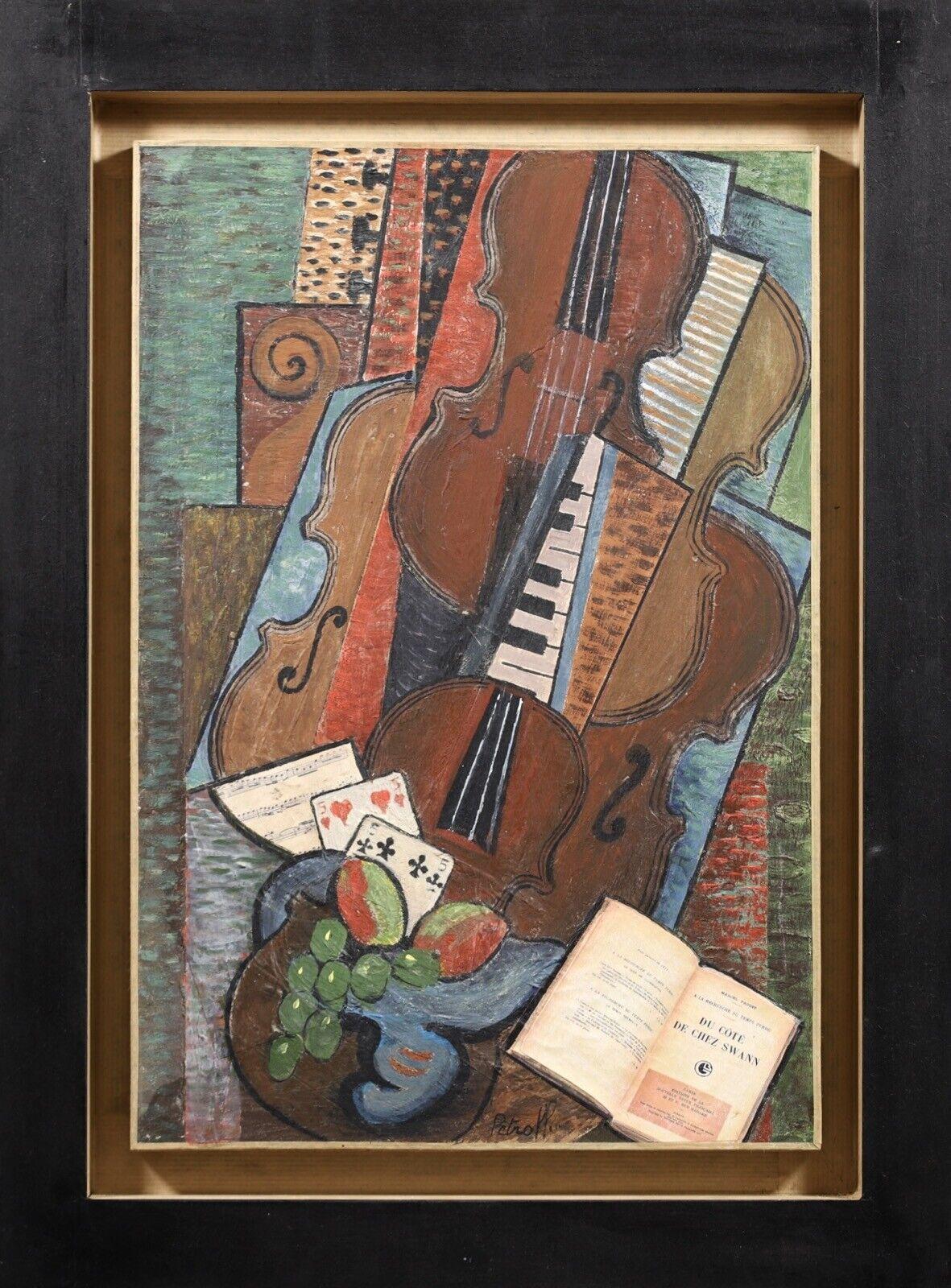 Signed Petroff (b.1954) Russian Cubist Musical Composition Violins Oil Painting on board, framed, depicting violins & cards.
Dimensions: (unframed) 19