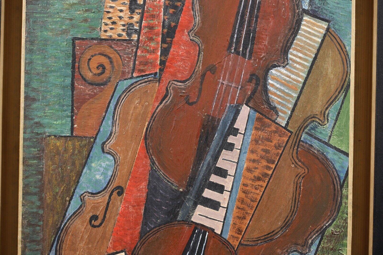 20th Century Signed André Petroff (b.1954) Russian Cubist Musical Composition Oil Painting For Sale