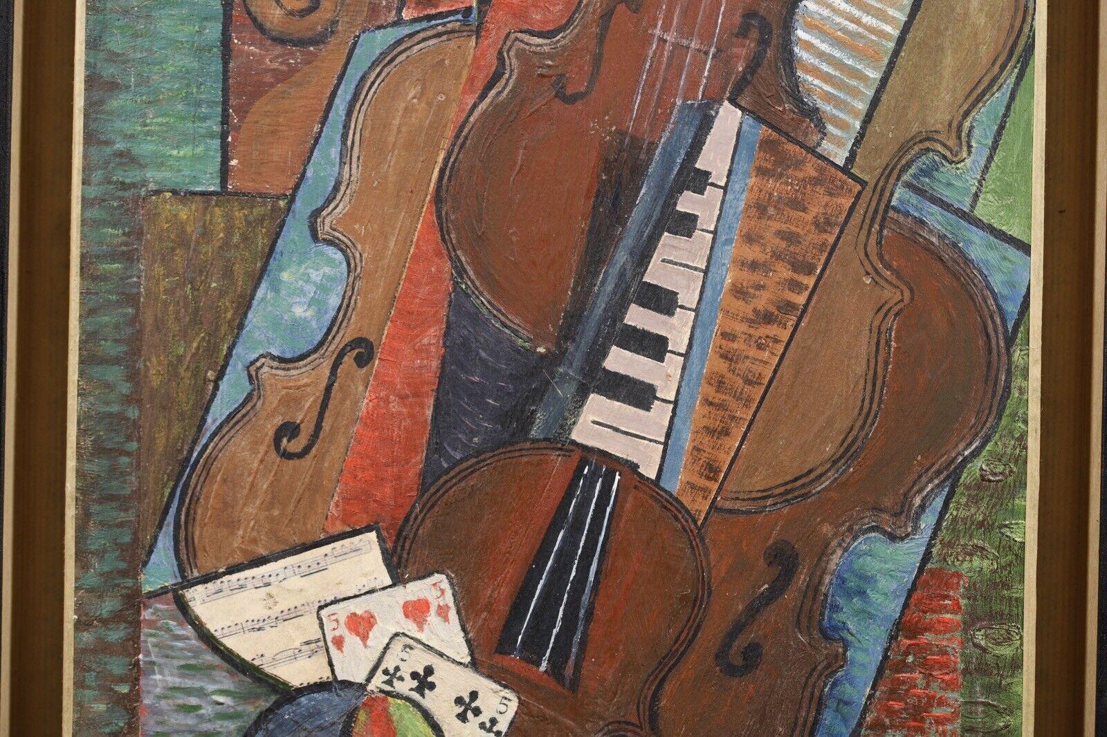 Wood Signed André Petroff (b.1954) Russian Cubist Musical Composition Oil Painting For Sale