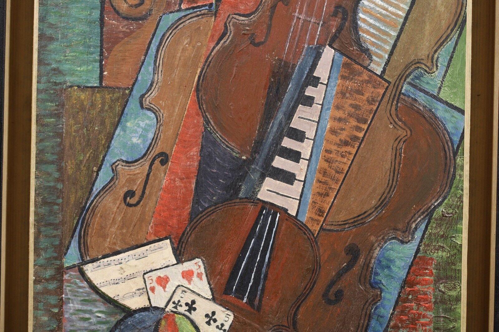 20th Century Signed André Petroff (b.1954) Russian Cubist Musical Composition Oil Painting For Sale