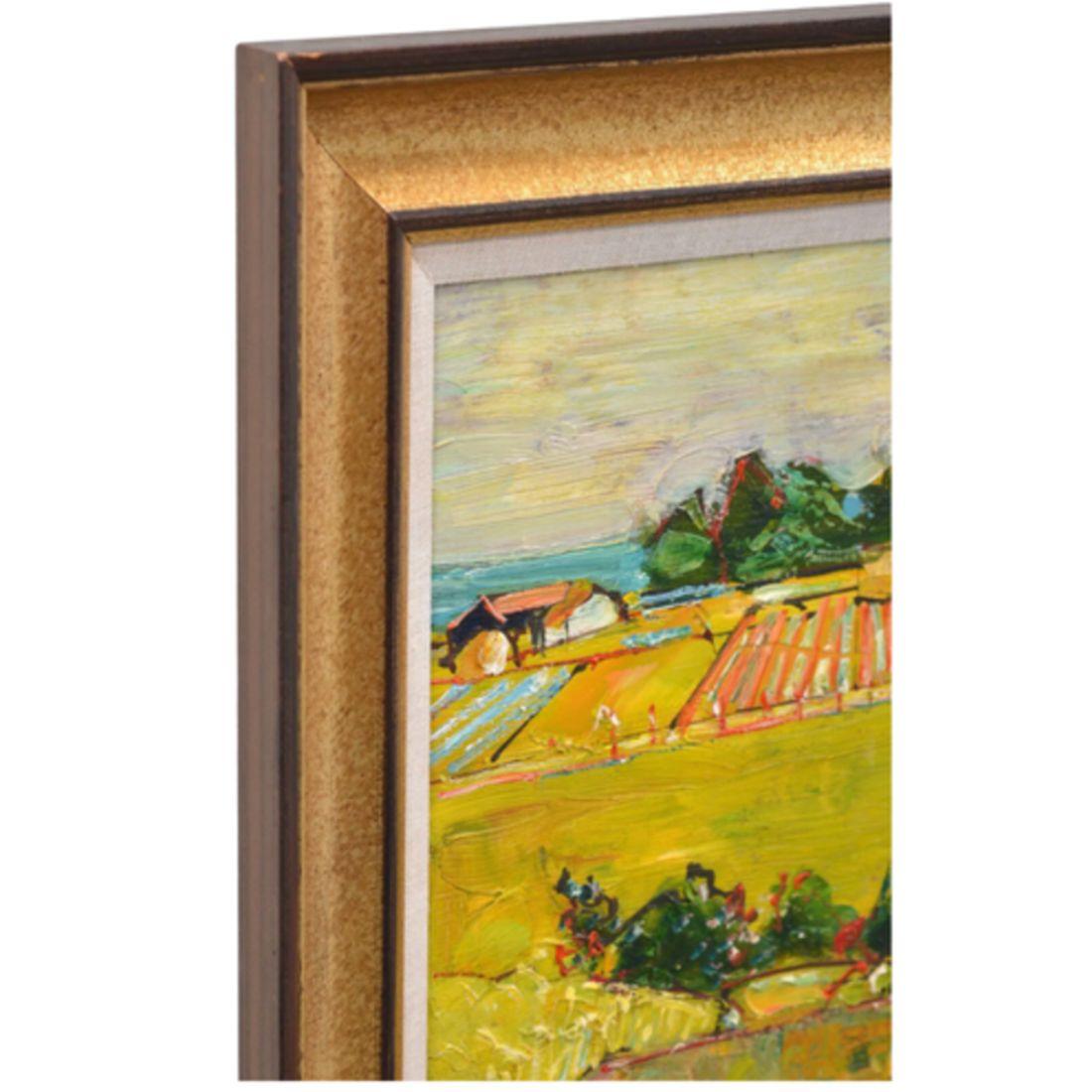 Questo dipinto di campagna con cornice firmata André Vignoles raffigura una vivace scena di campagna con campi gialli, verde e case coloniche lontane. La composizione è caratterizzata da pennellate strutturate e colori vivaci, che catturano