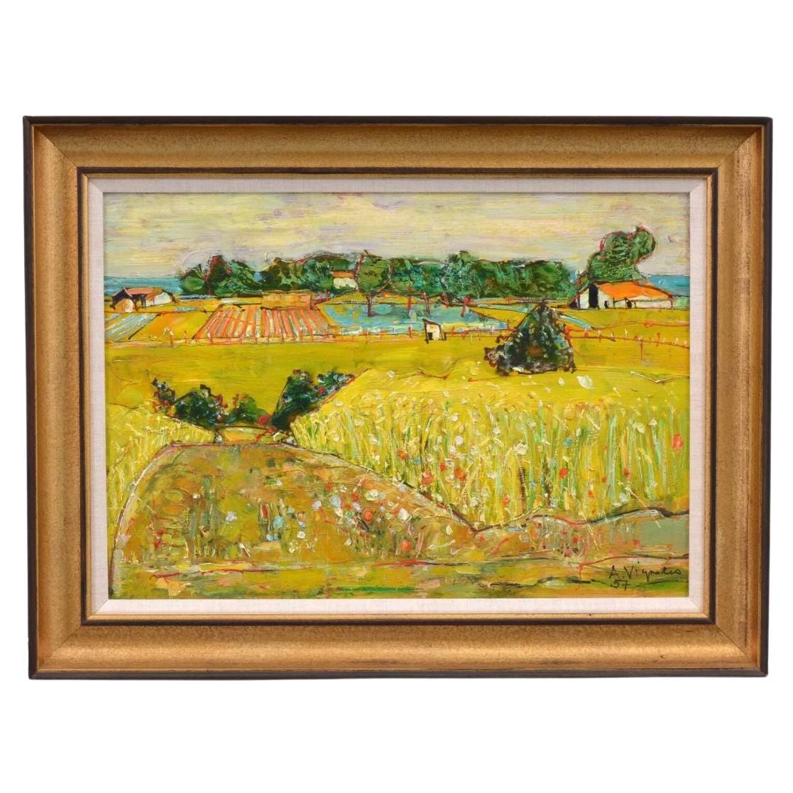 Firmato Andre Vignoles, dipinto di un paesaggio agricolo incorniciato in vendita