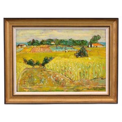 Pintura de granja con paisaje enmarcada y firmada por Andre Vignoles