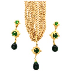 Signed Andrew Springarn Gold, Green Sculptural Necklace and Dangle Earrings Set