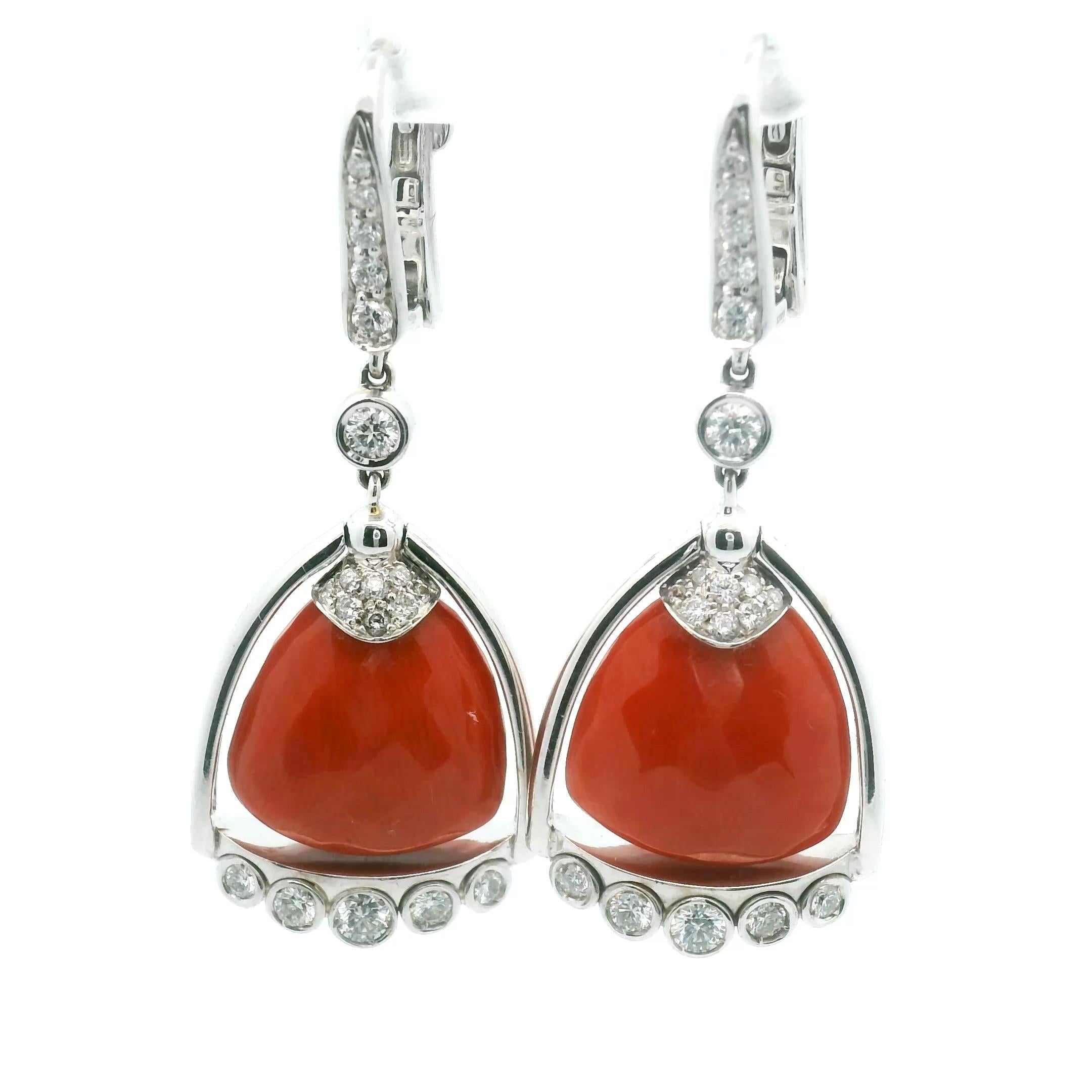 Contemporary Signed Angeletti Roma Italian Salmon Coral Diamond Earring 18k White Gold Bezel For Sale