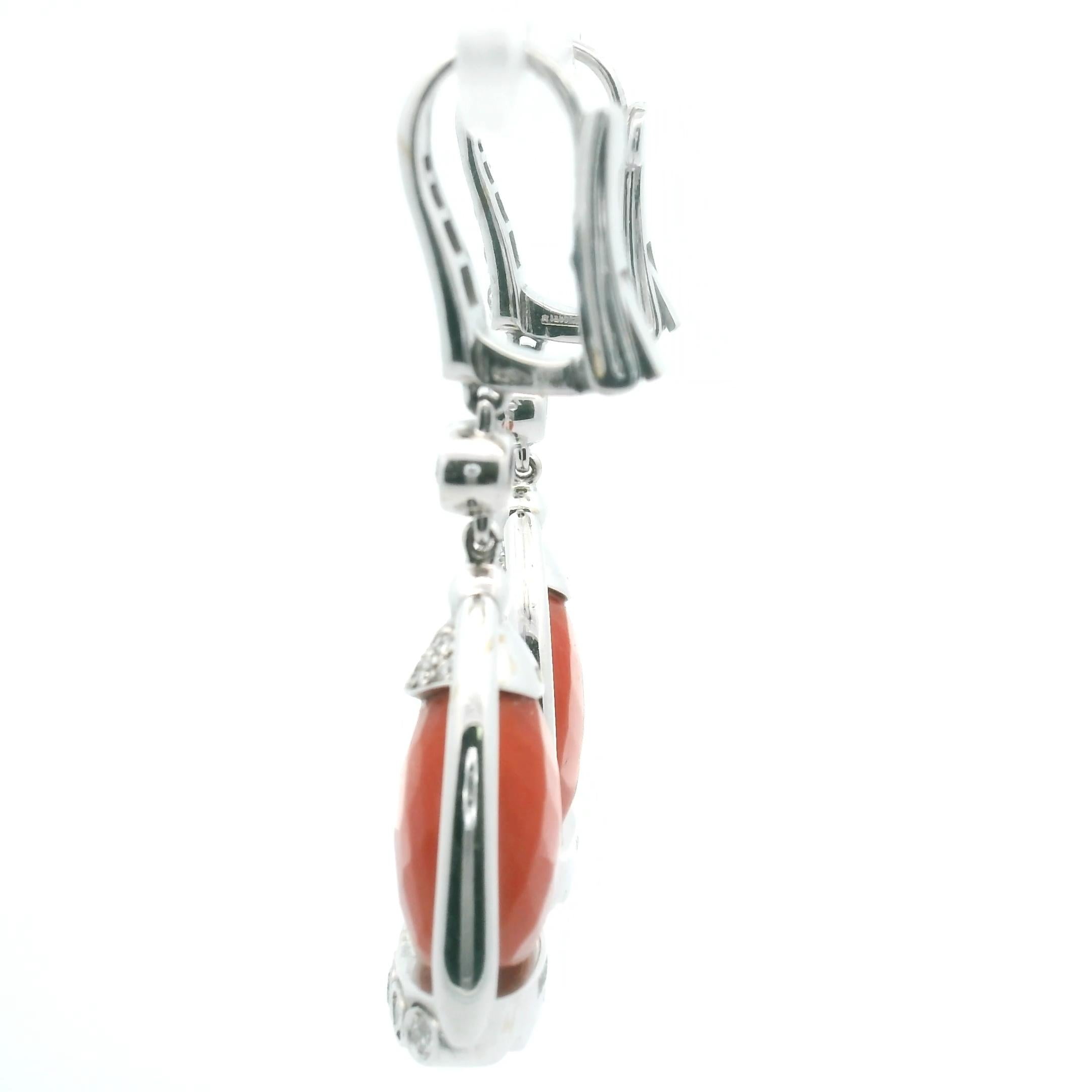 Mixed Cut Signed Angeletti Roma Italian Salmon Coral Diamond Earring 18k White Gold Bezel For Sale