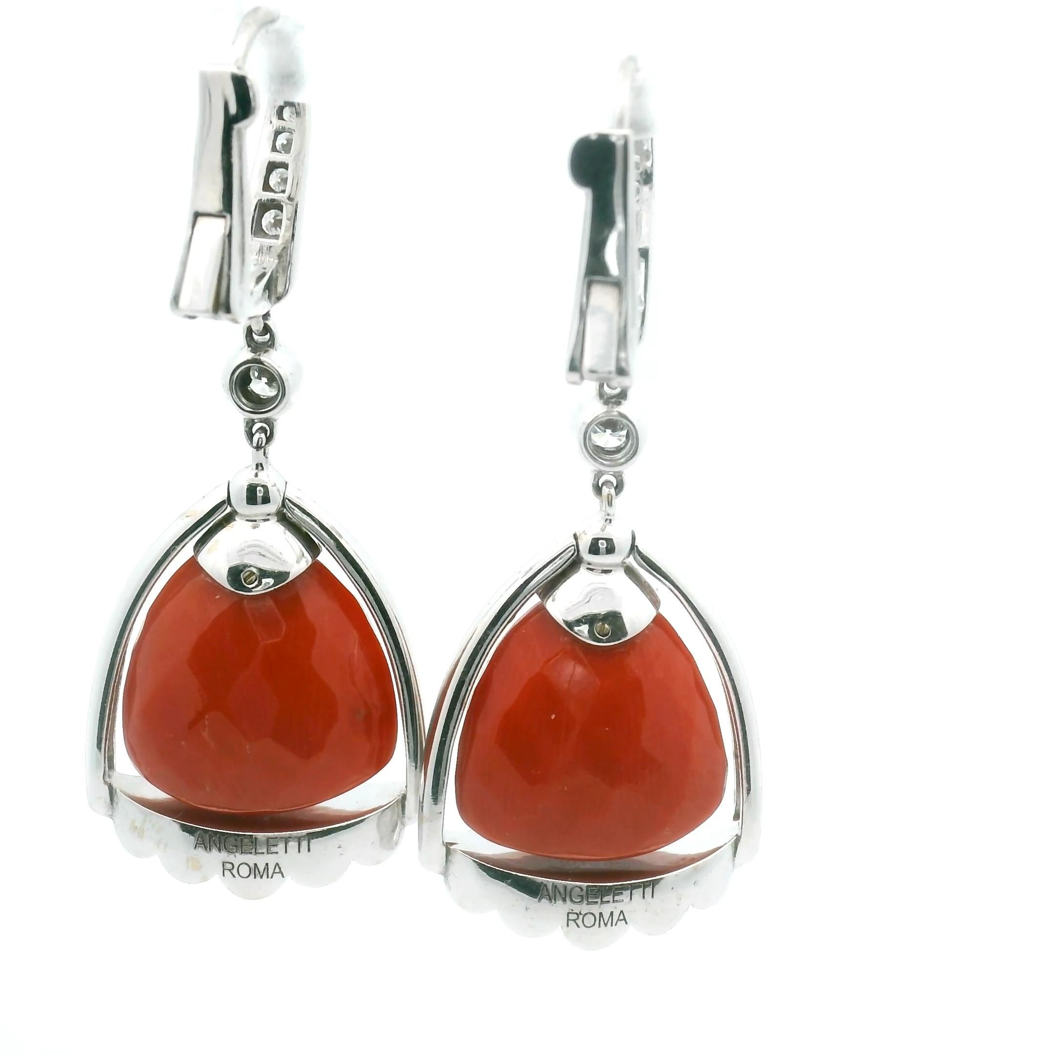 Signed Angeletti Roma Italian Salmon Coral Diamond Earring 18k White Gold Bezel In Excellent Condition For Sale In Great Neck, NY