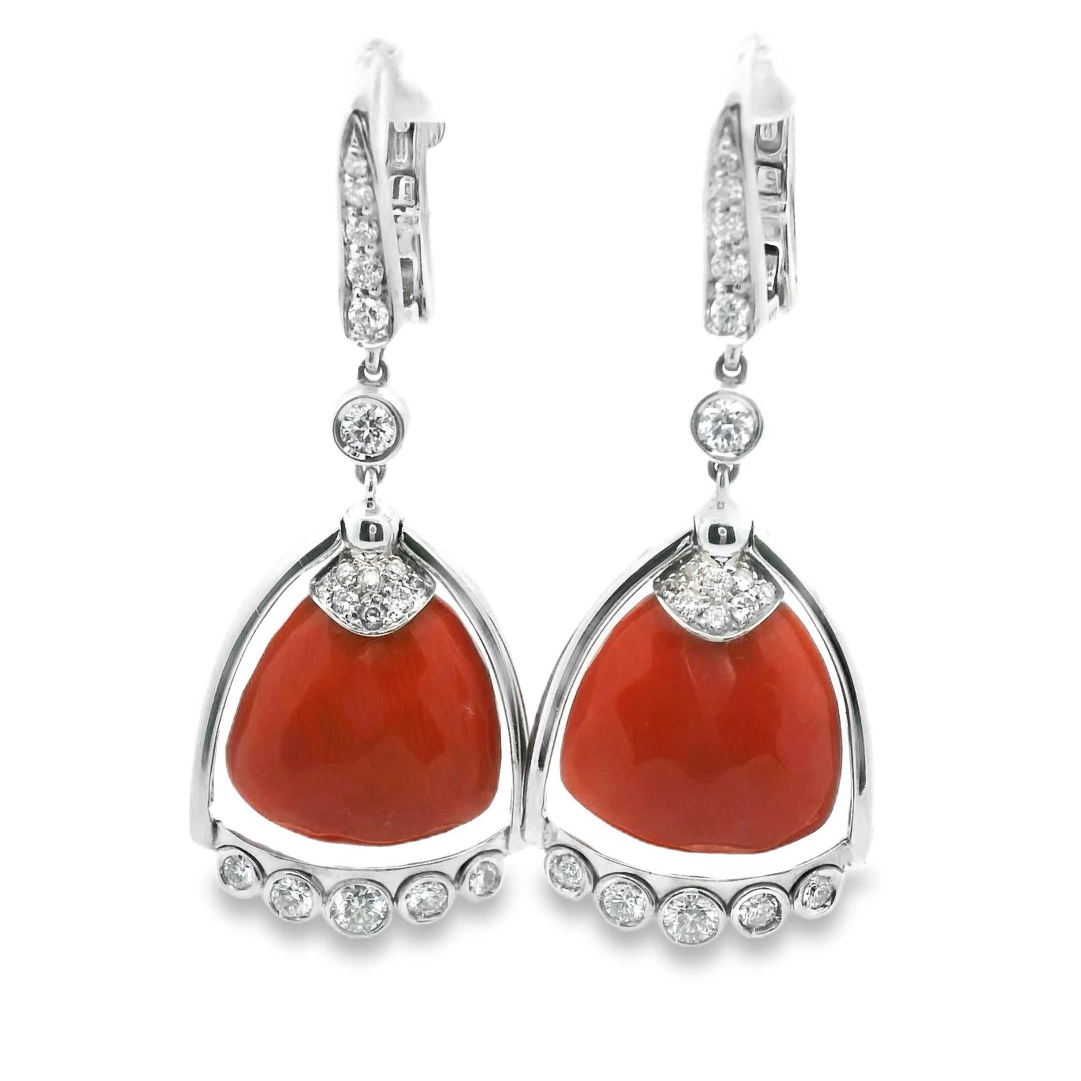 Women's Signed Angeletti Roma Italian Salmon Coral Diamond Earring 18k White Gold Bezel For Sale