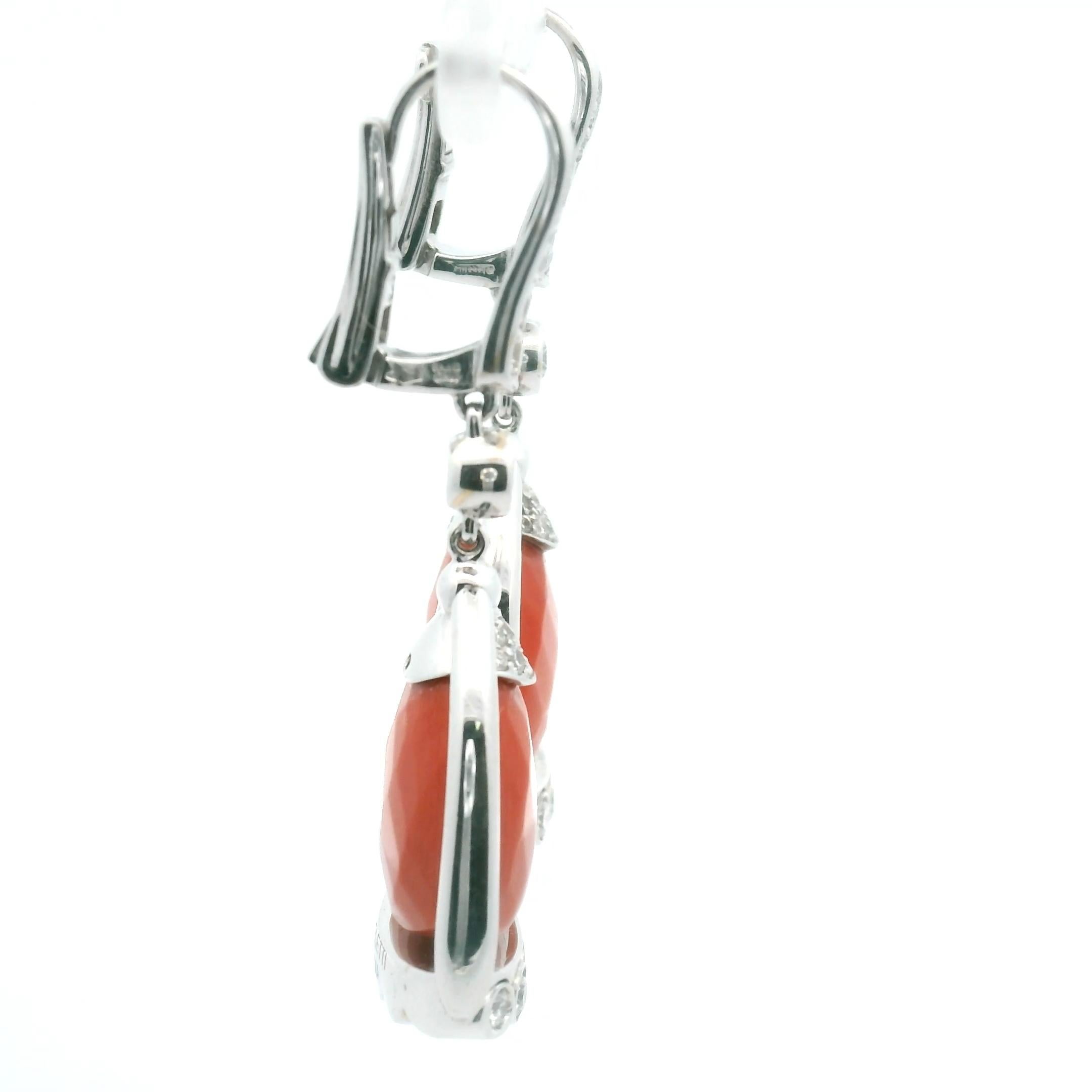 Signed Angeletti Roma Italian Salmon Coral Diamond Earring 18k White Gold Bezel For Sale 1