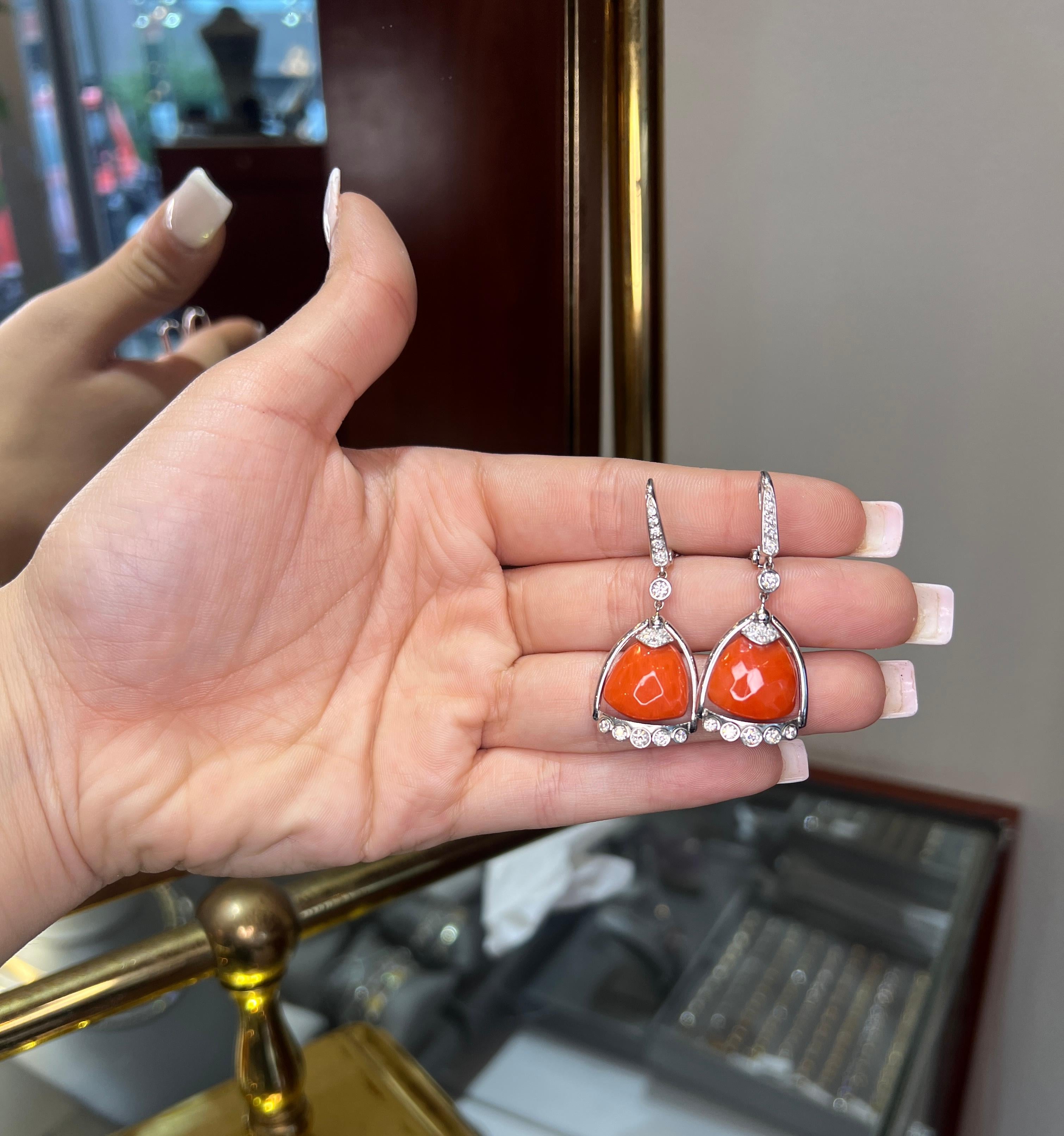 Signed Angeletti Roma Italian Salmon Coral Diamond Earring 18k White Gold Bezel For Sale 2