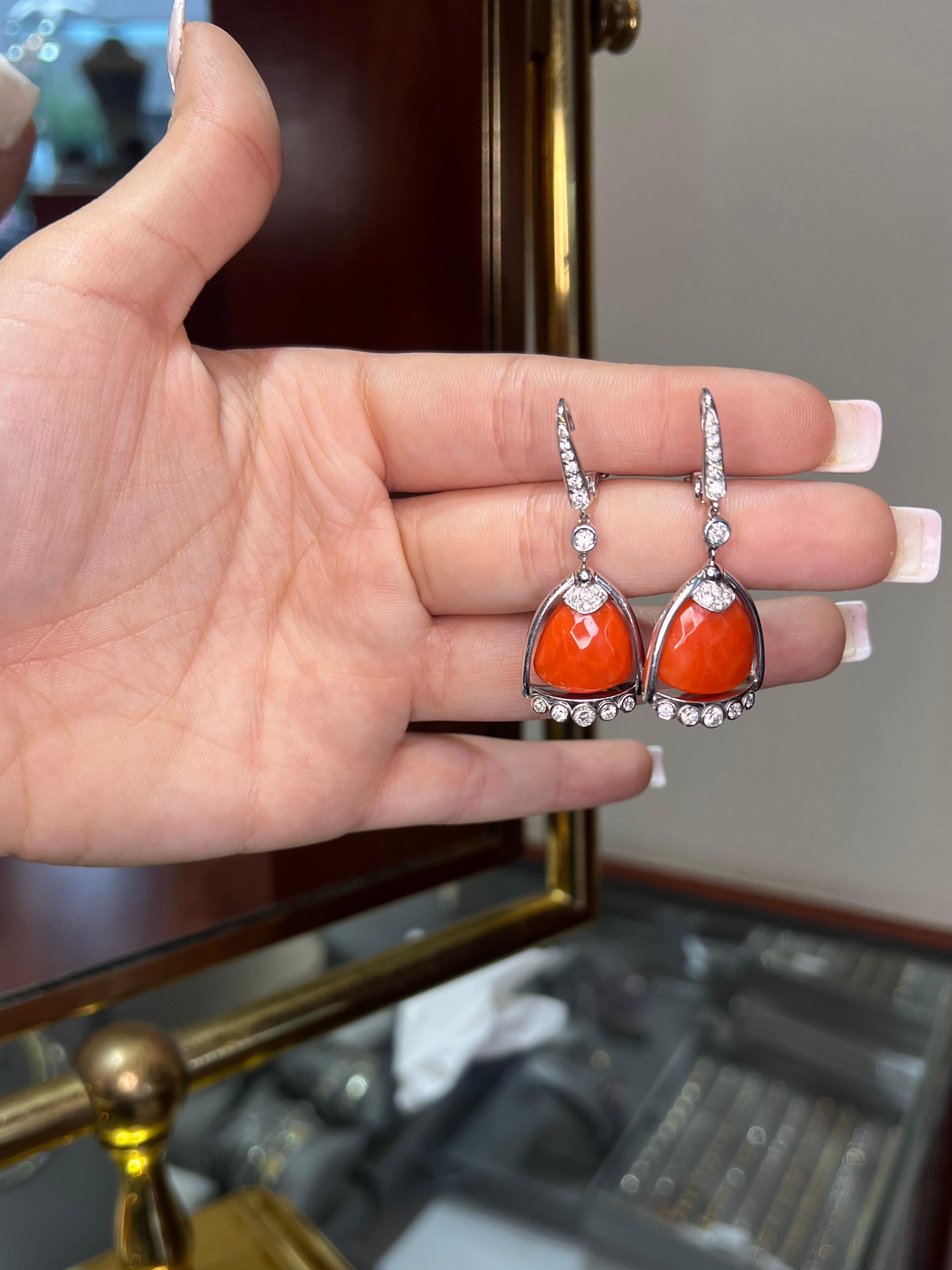 Signed Angeletti Roma Italian Salmon Coral Diamond Earring 18k White Gold Bezel For Sale 3