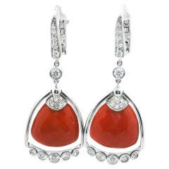 Signed Angeletti Roma Italian Salmon Coral Diamond Earring 18k White Gold Bezel