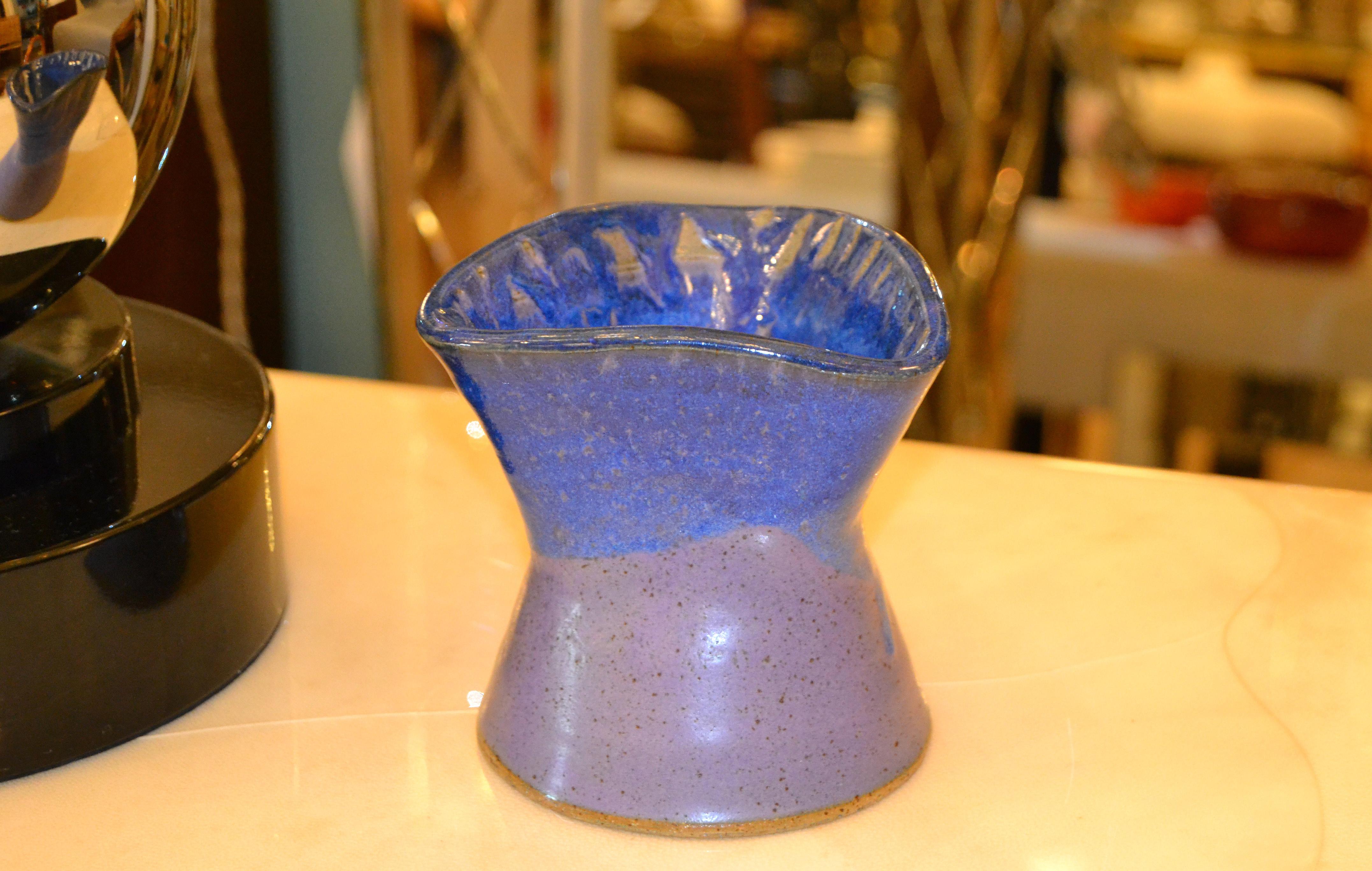 Folk Art Signed Ann Newberry Glaze Pottery Purple, Blue & Gray Ceramic Bowl Vase Vessel