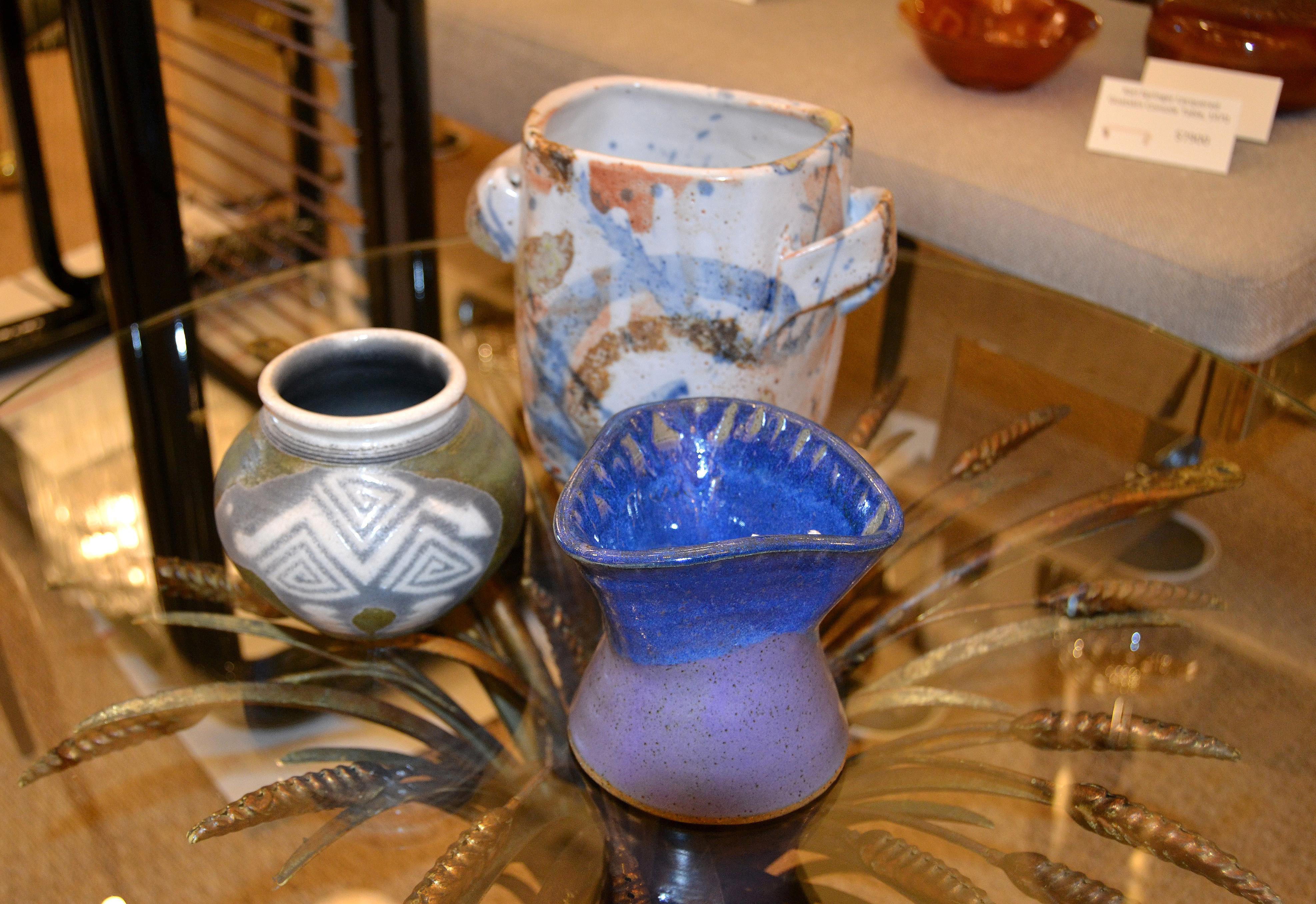 American Signed Ann Newberry Glaze Pottery Purple, Blue & Gray Ceramic Bowl Vase Vessel