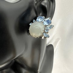 Signed Ann Vien Vintage White and Light Blue Rhinestone Clip on Earrings