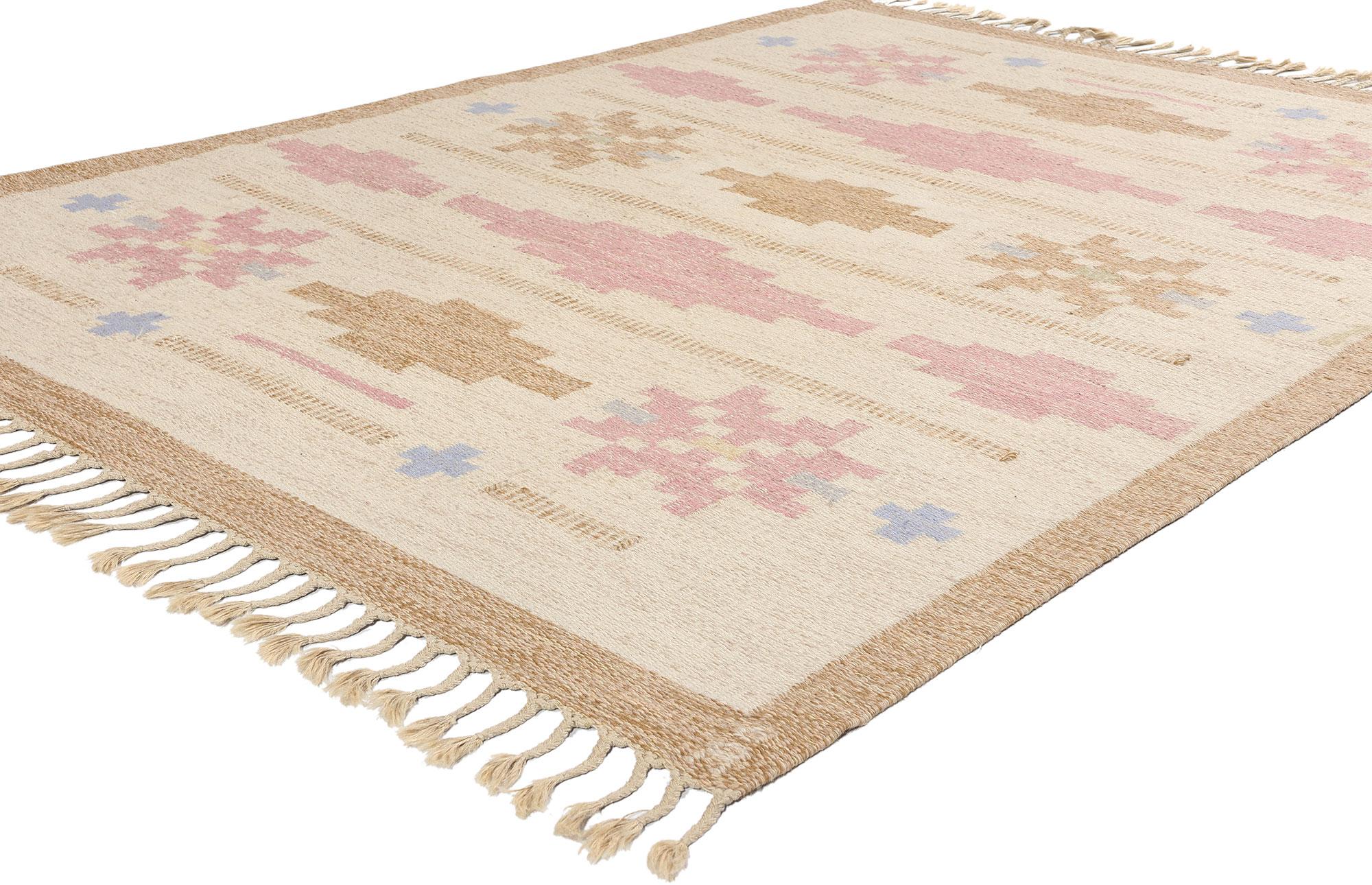 78833 Anna Johanna Angstrom Vintage Swedish Rollakan Rug, 05'06 x 07'08. Anna Johanna Angstrom (1894-1983) is a key figure in Swedish textile design, exemplifying the essence of early to mid-20th century Scandinavian aesthetics. Known for her deep