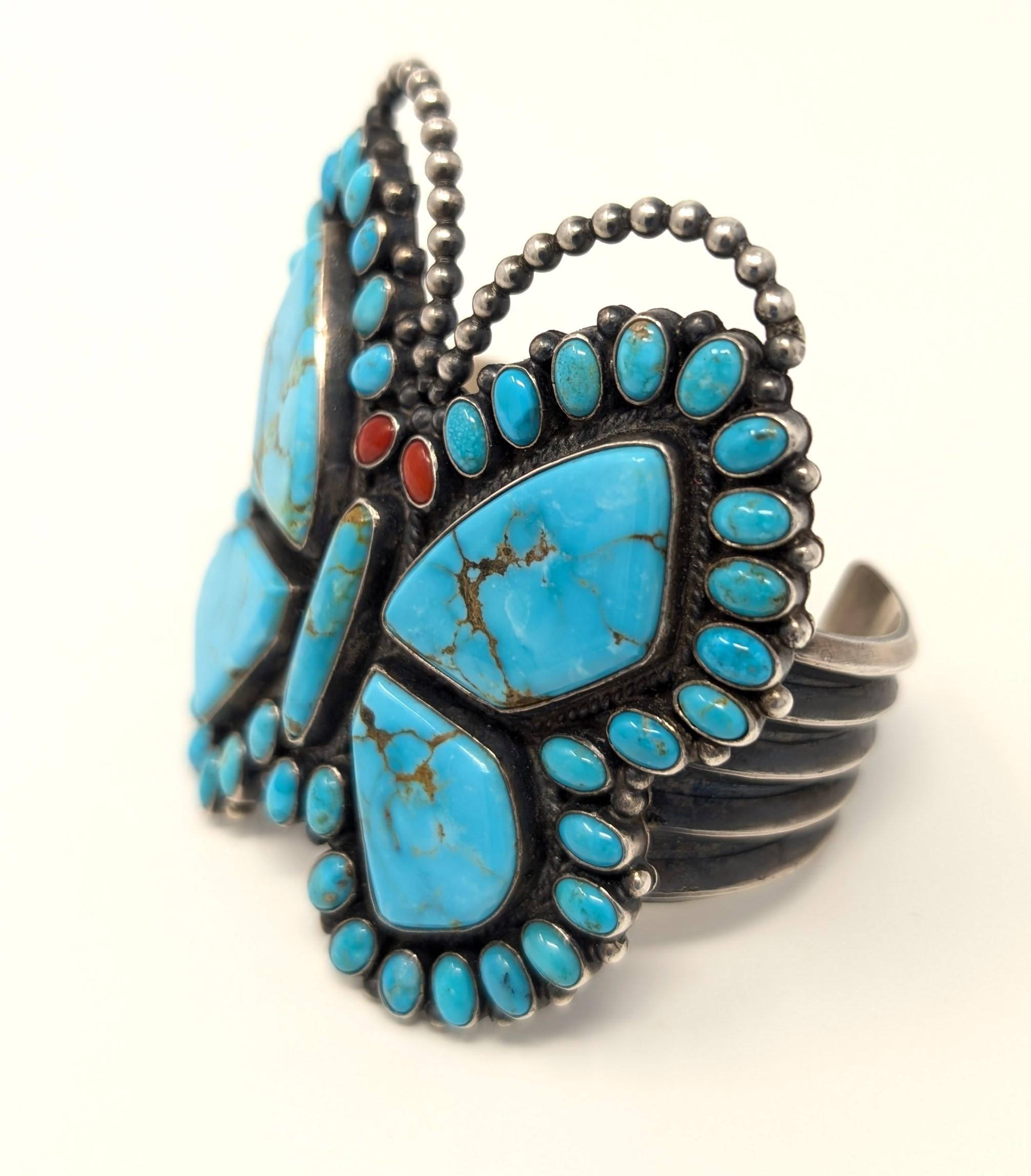 Signed Anthony Skeets Cuff Bracelet Butterfly 925 Sterling Silver Turquoise For Sale 1