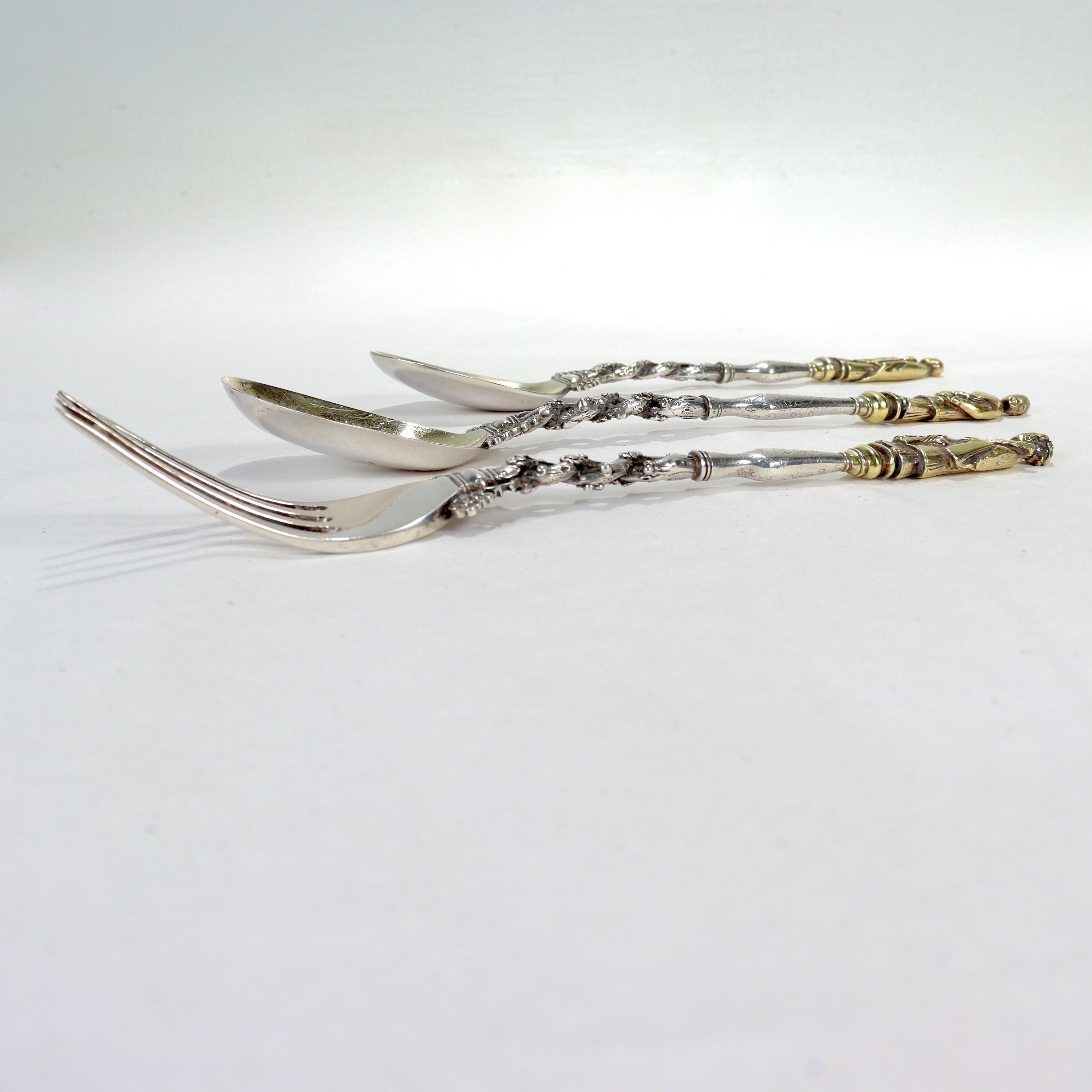 Women's or Men's Signed Antique 3 Pc. Sun Shing Chinese Export Silver Spoons & Fork Flatware Set For Sale