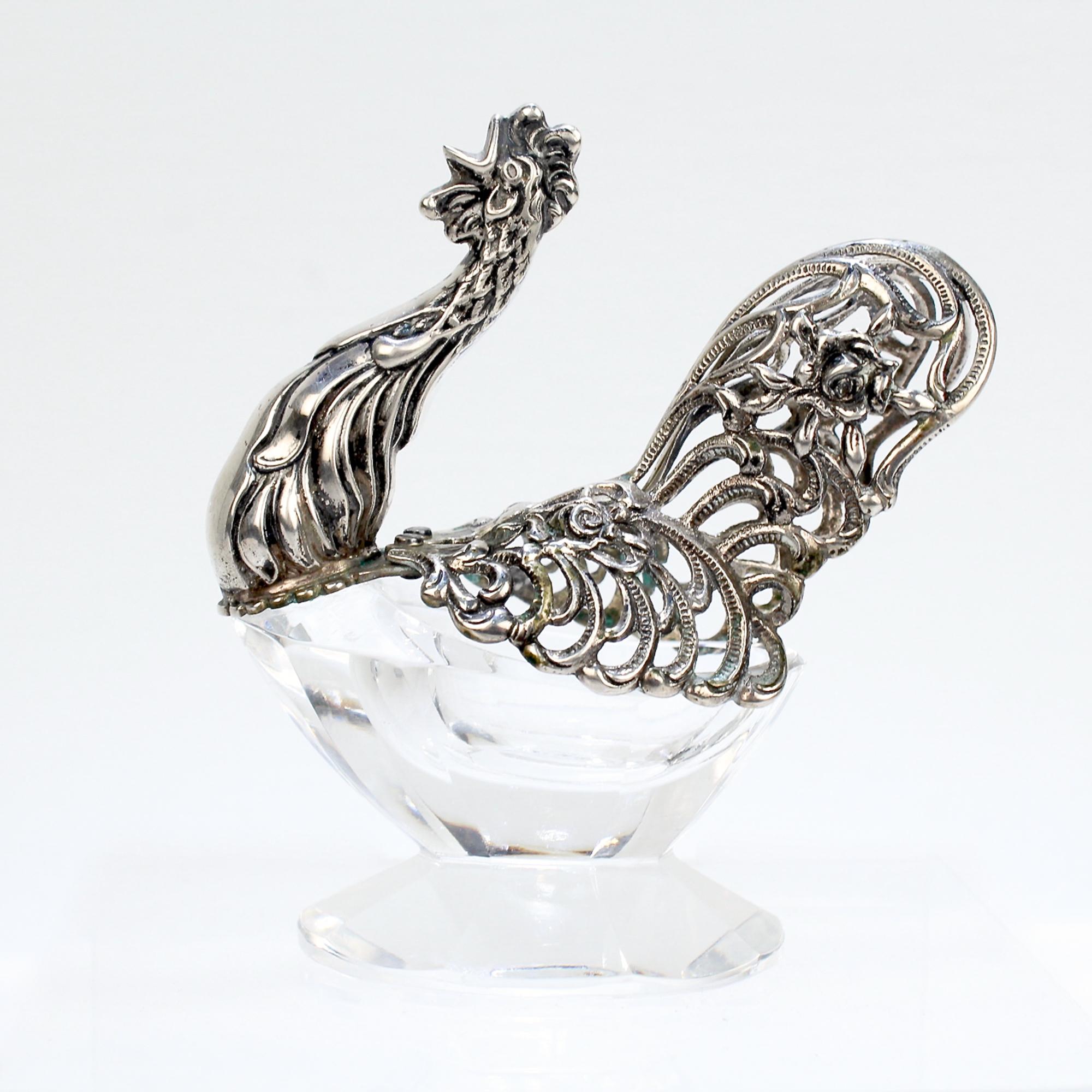 Signed Antique 835 Silver & Crystal Figural Rooster Salt Cellar by August Betz For Sale 7