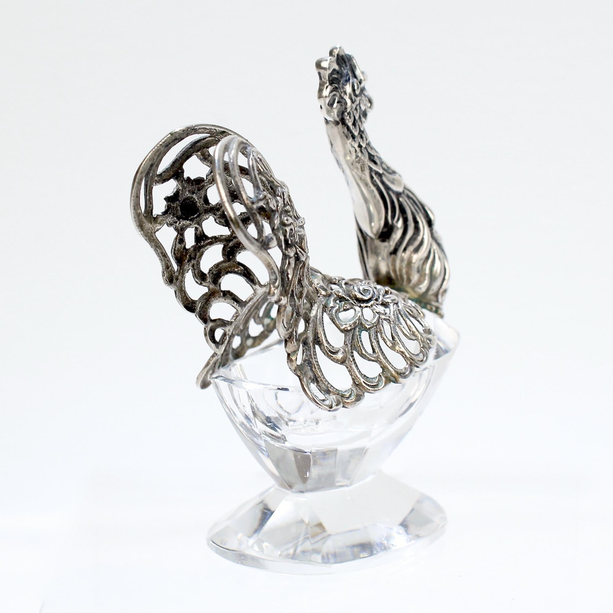Signed Antique 835 Silver & Crystal Figural Rooster Salt Cellar by August Betz For Sale 8